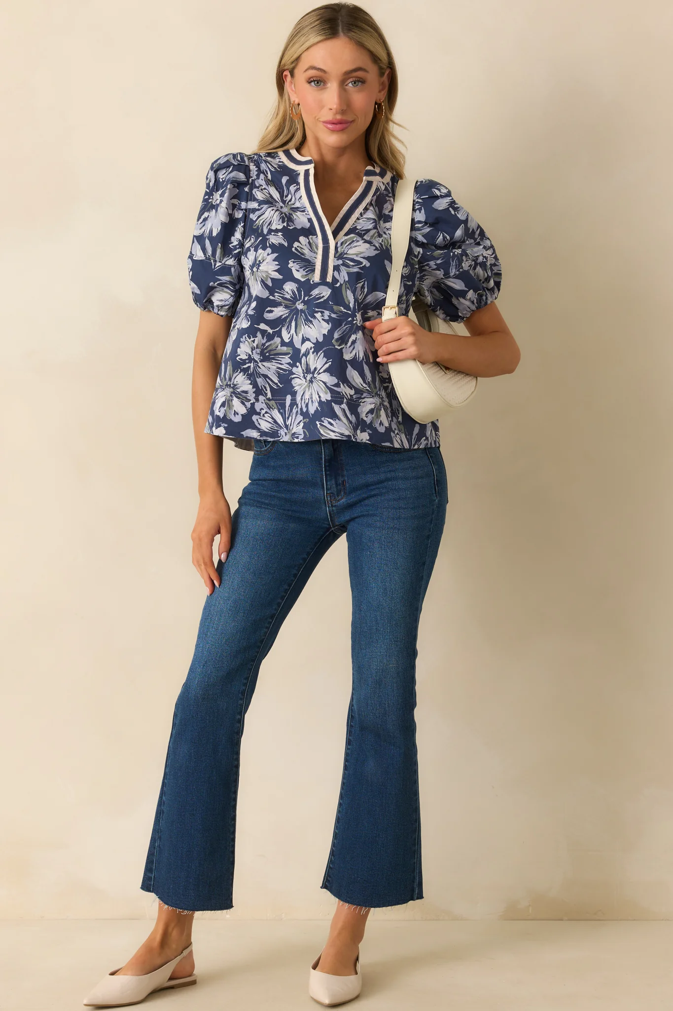 A Good Sign Navy Floral Print Cotton Puff Sleeve Top