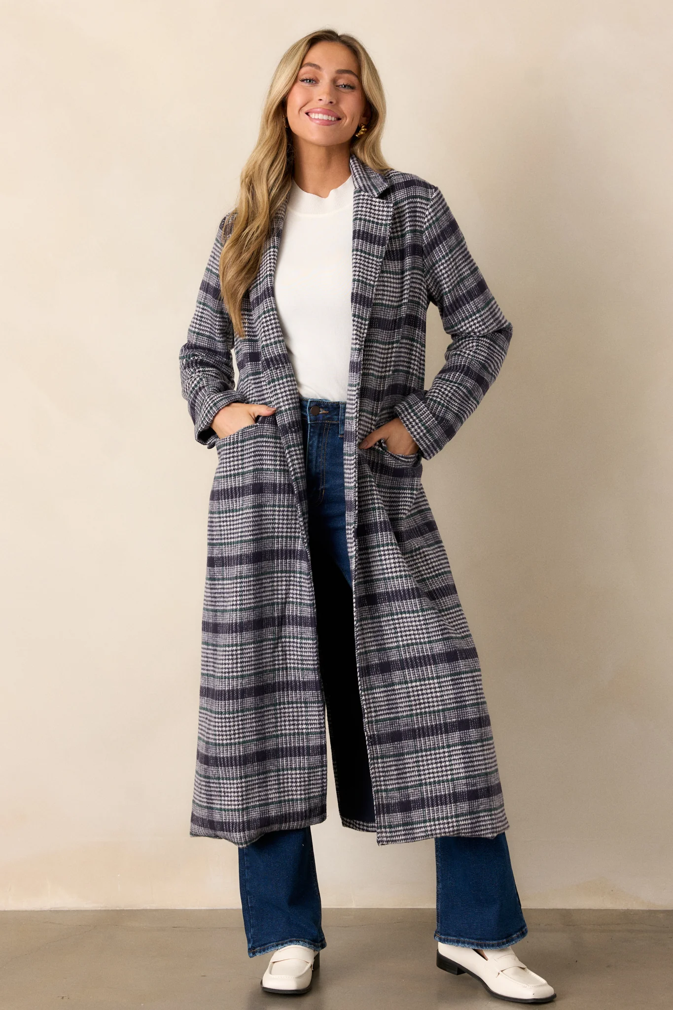 Fireside Chats Navy Plaid Trench Coat
