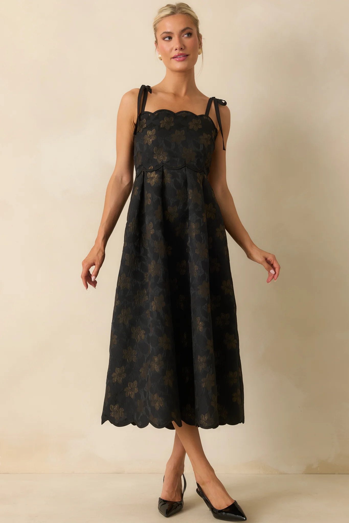 No Better Way Black Floral Jacquard Scallop Hem Midi Dress
