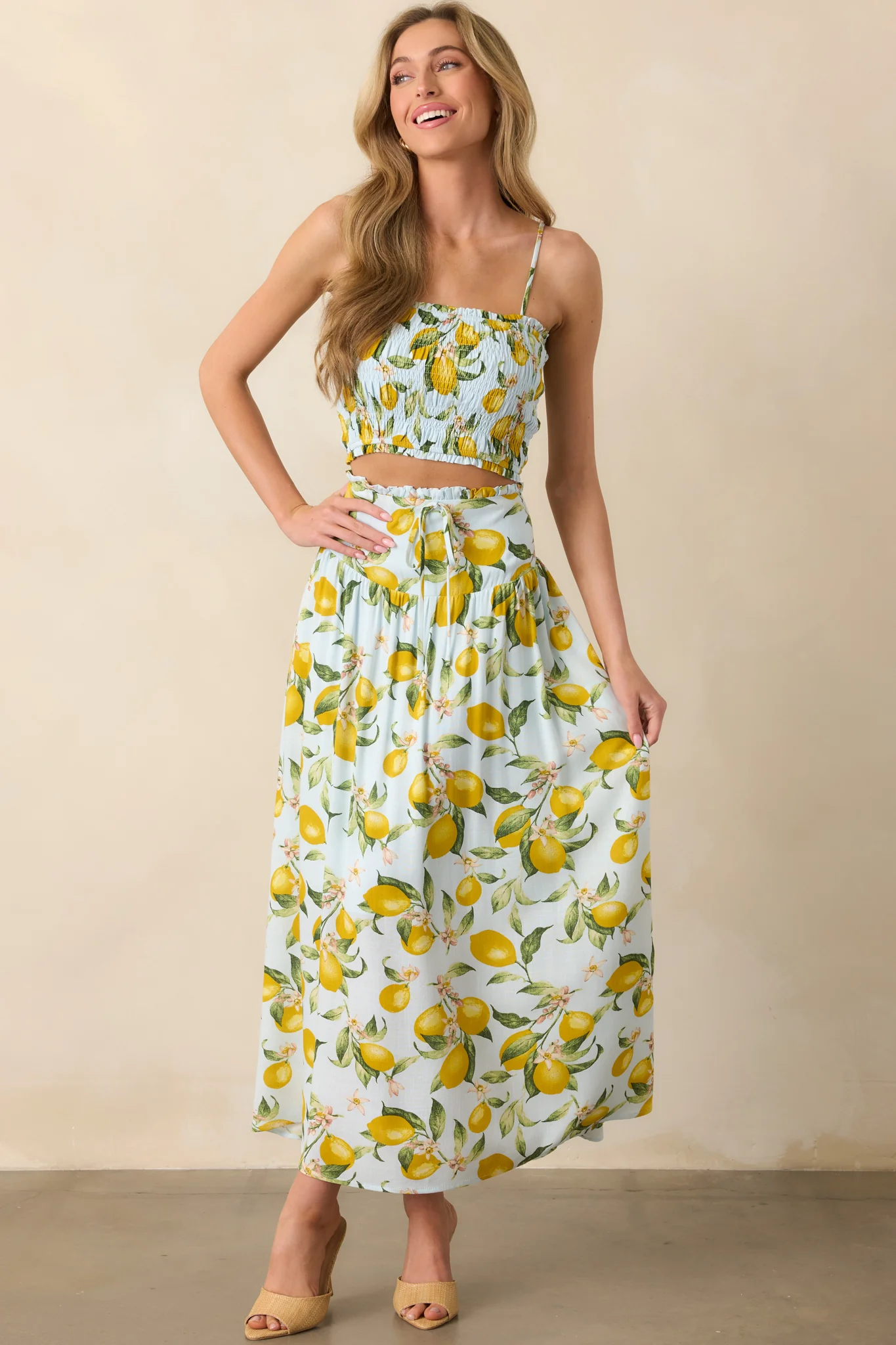 On The Sunny Side Light Blue Lemon Print Smocked Crop Top