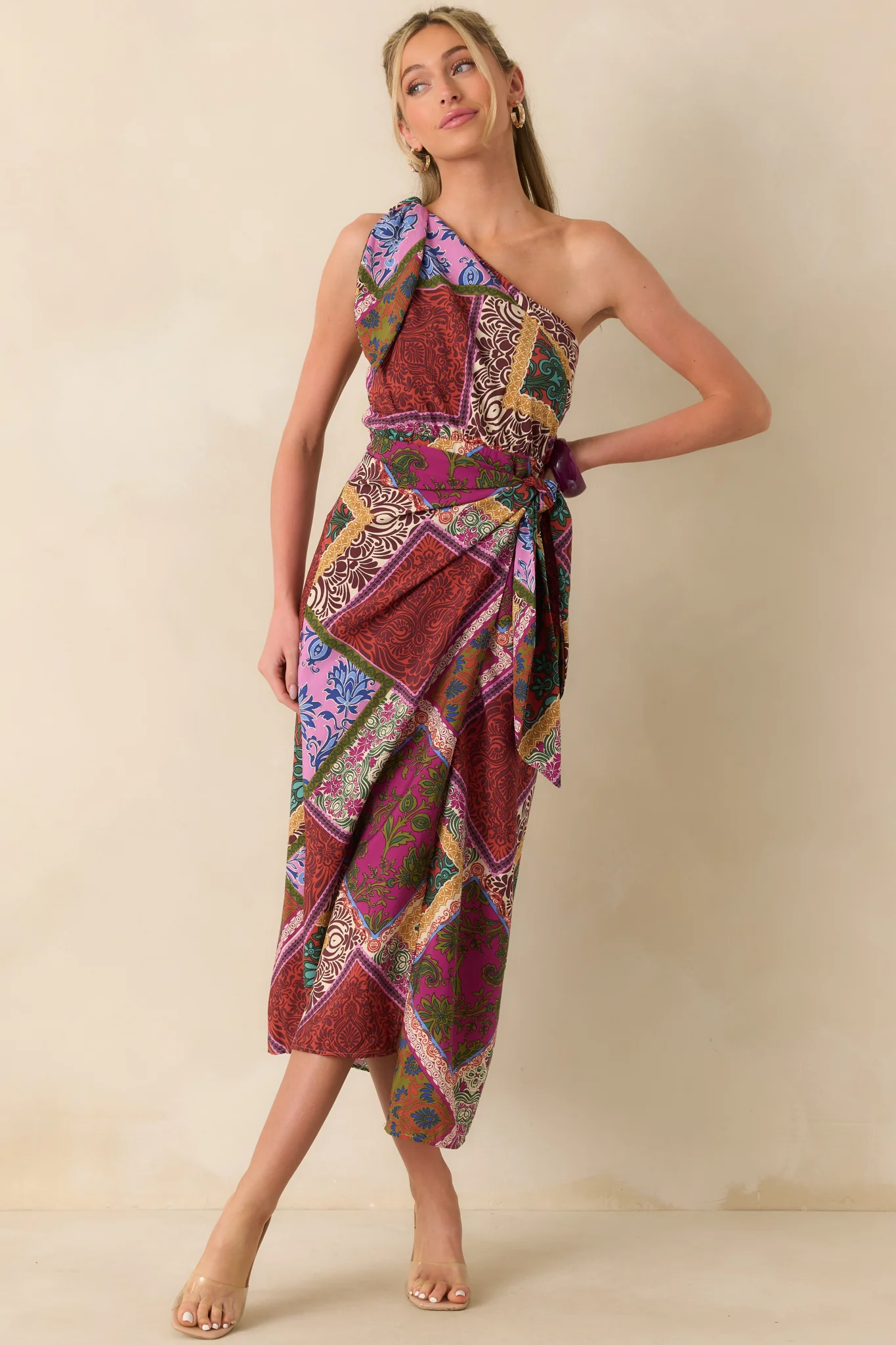 It's All Settled Red Multi Patchwork Print One Shoulder Maxi Dress