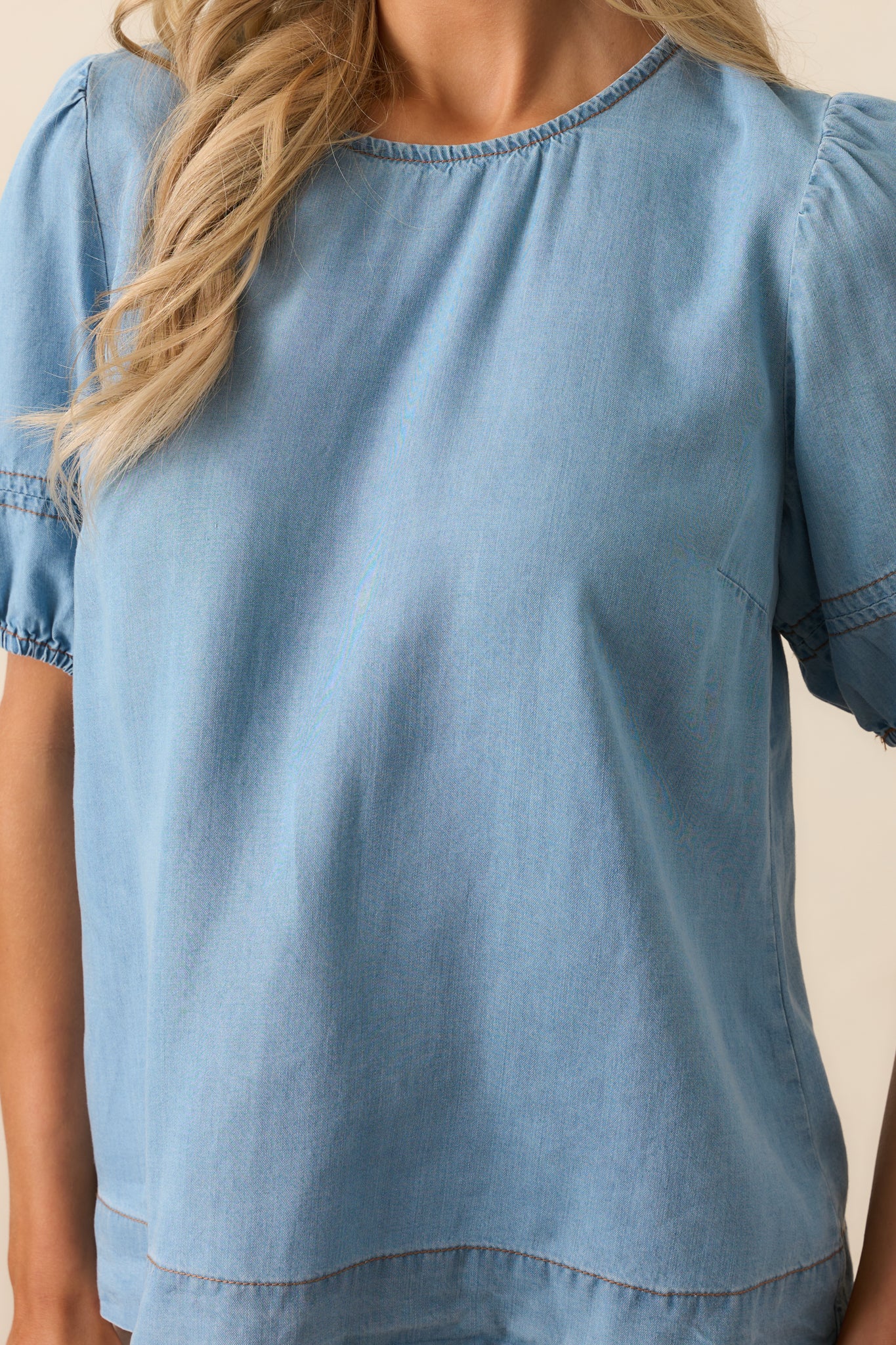 On Second Thought Blue Chambray Puff Sleeve Top