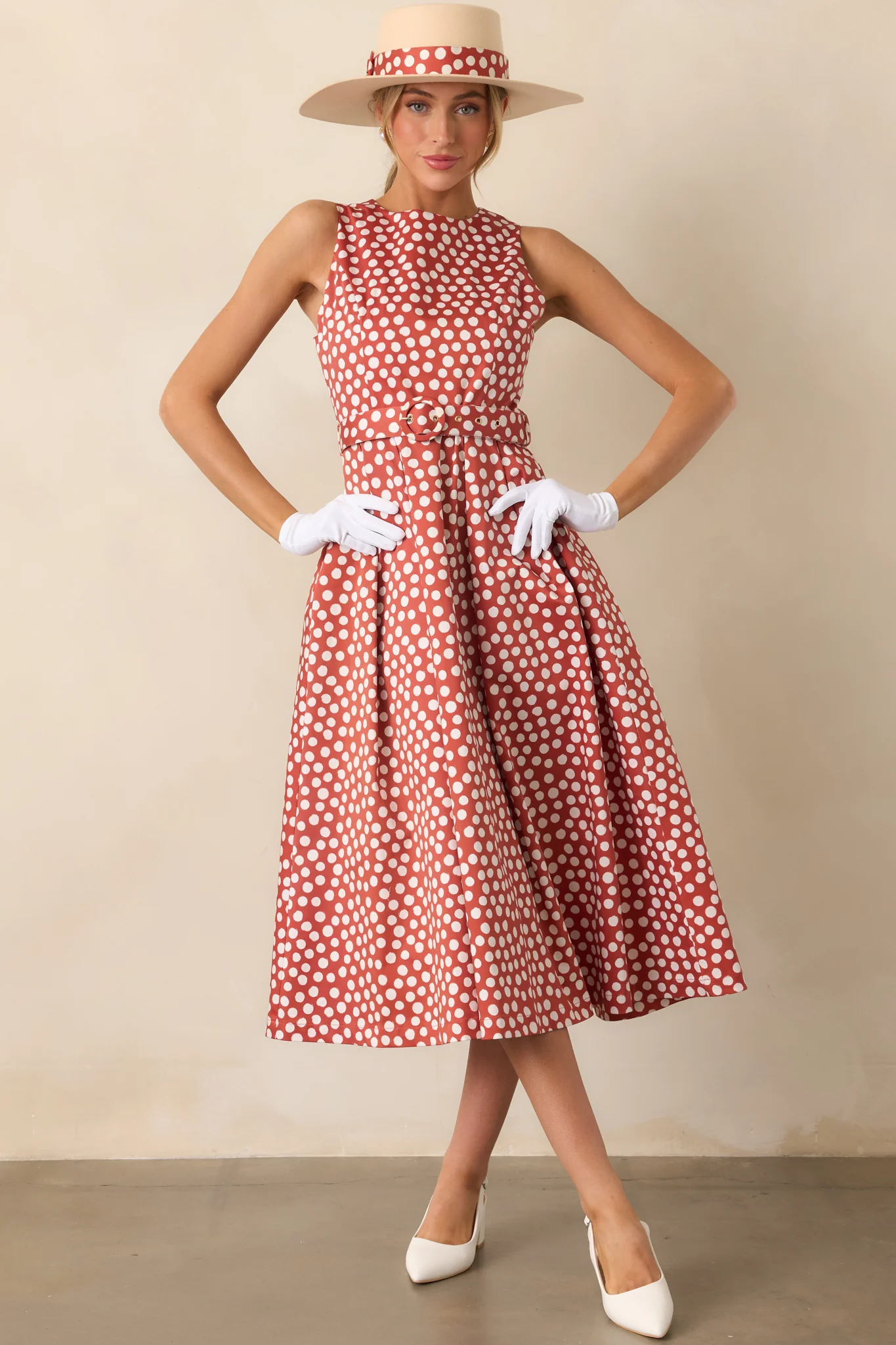 Prosperina Ava Brick Red Polka Dot Cotton Midi Dress