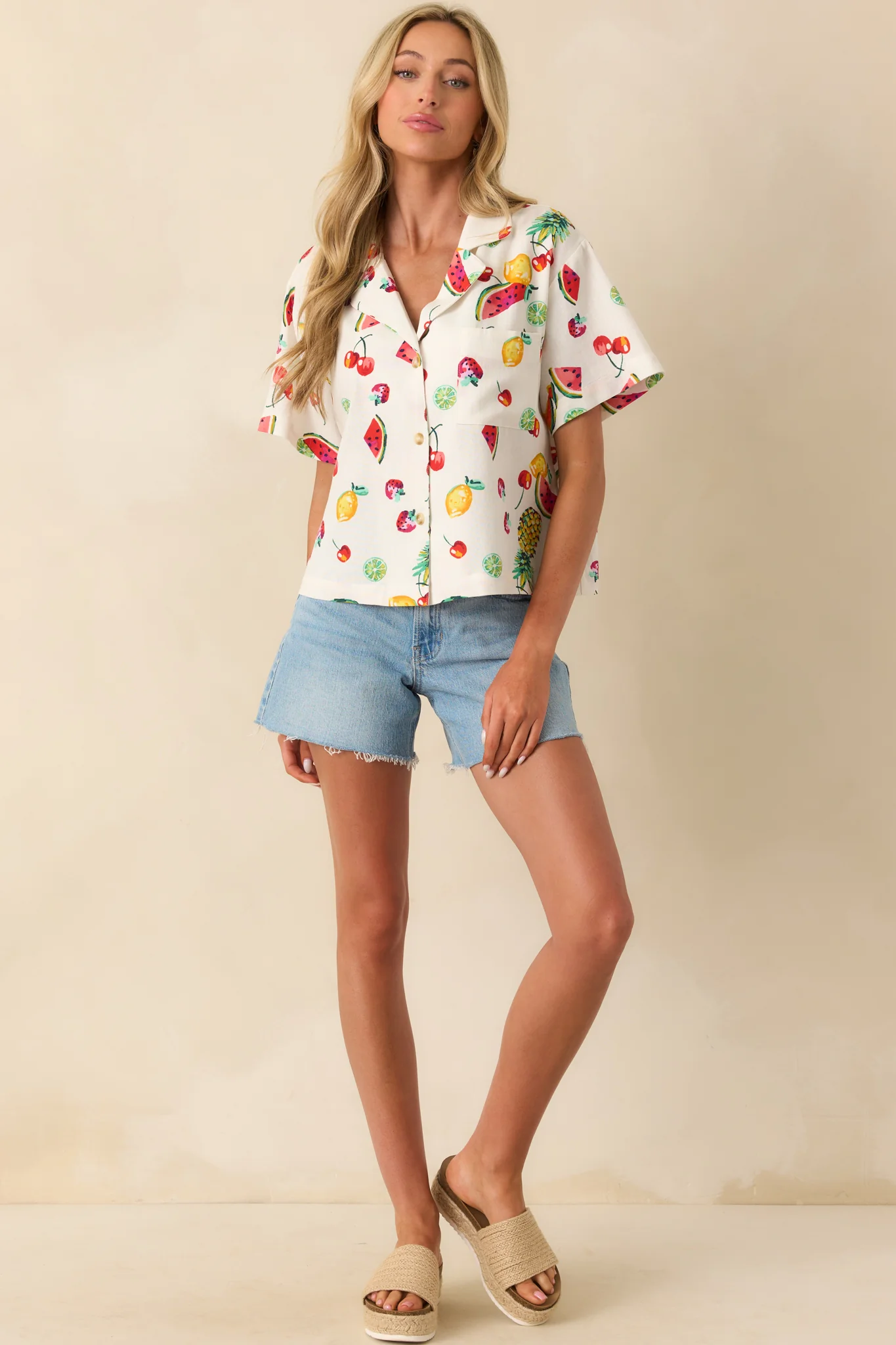 Just Like Before Ivory Multi Fruit Print Button Front Top