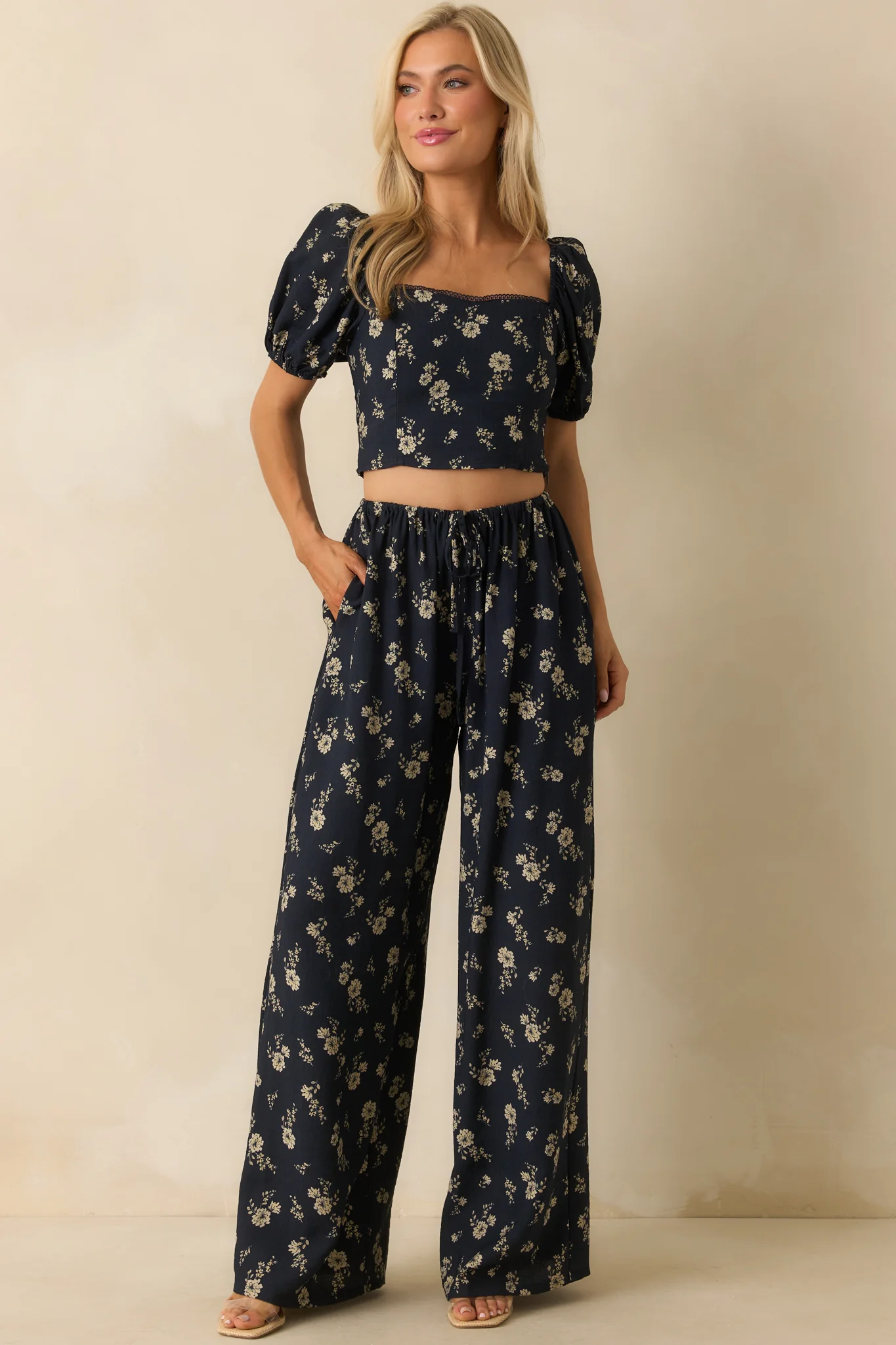 Already Have Plans Navy Floral Print Puff Sleeve Crop Top