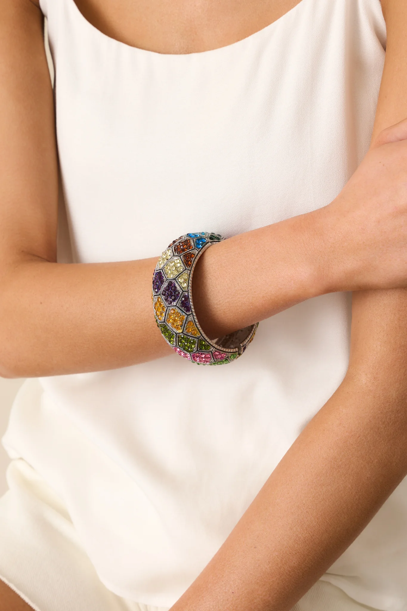 She's Going Places Silver Multi Rhinestone Hinged Cuff Bracelet