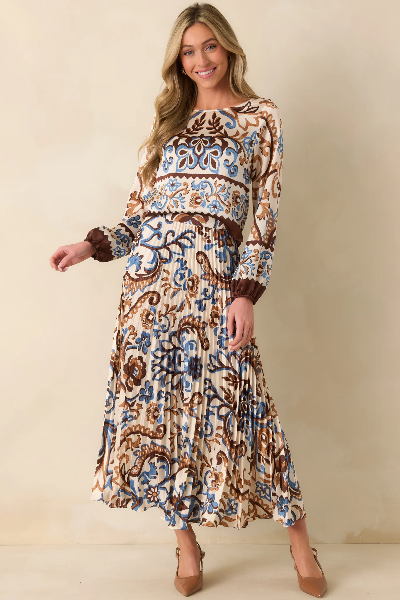 It'll All Make Sense Ivory Multi Print Satin Long Sleeve Top