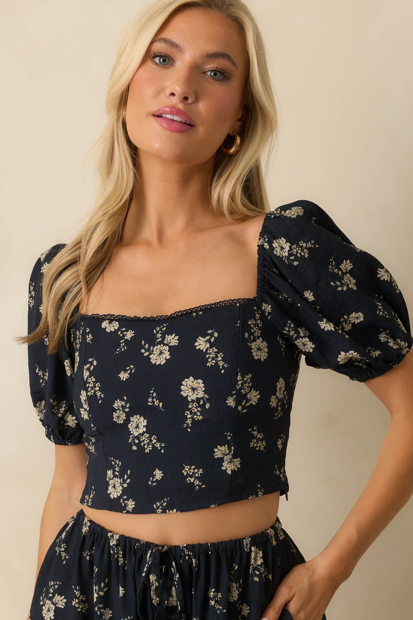 Already Have Plans Navy Floral Print Puff Sleeve Crop Top
