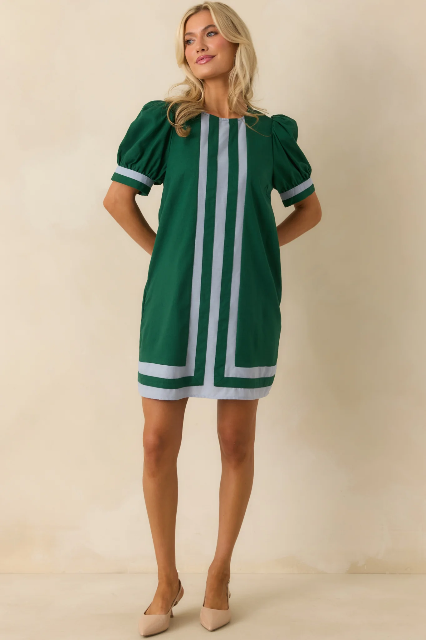 Here For This Hunter Green Linen Blend Contrast Trim Mini Dress