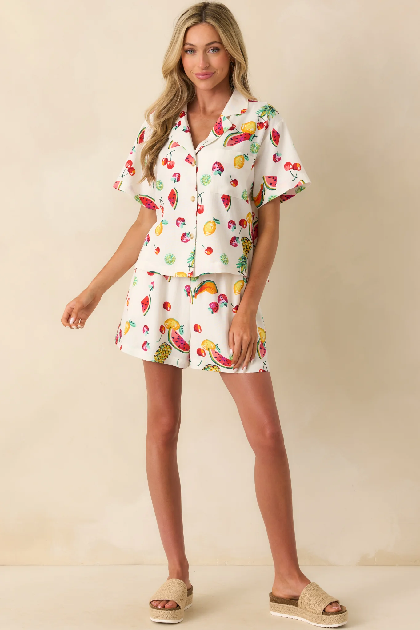 Just Like Before Ivory Multi Fruit Print Button Front Top