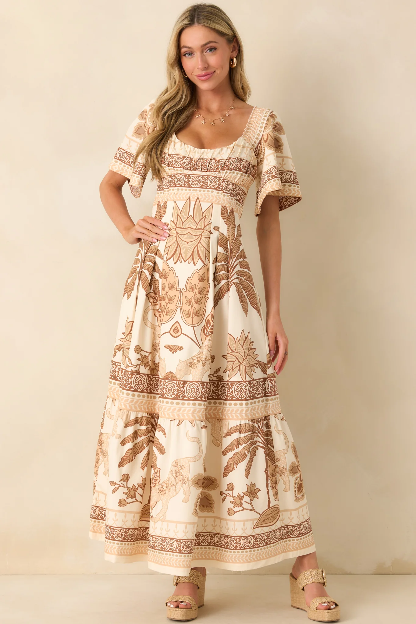 Aylaya Beige Multi Print Cotton Lisbon Maxi Dress