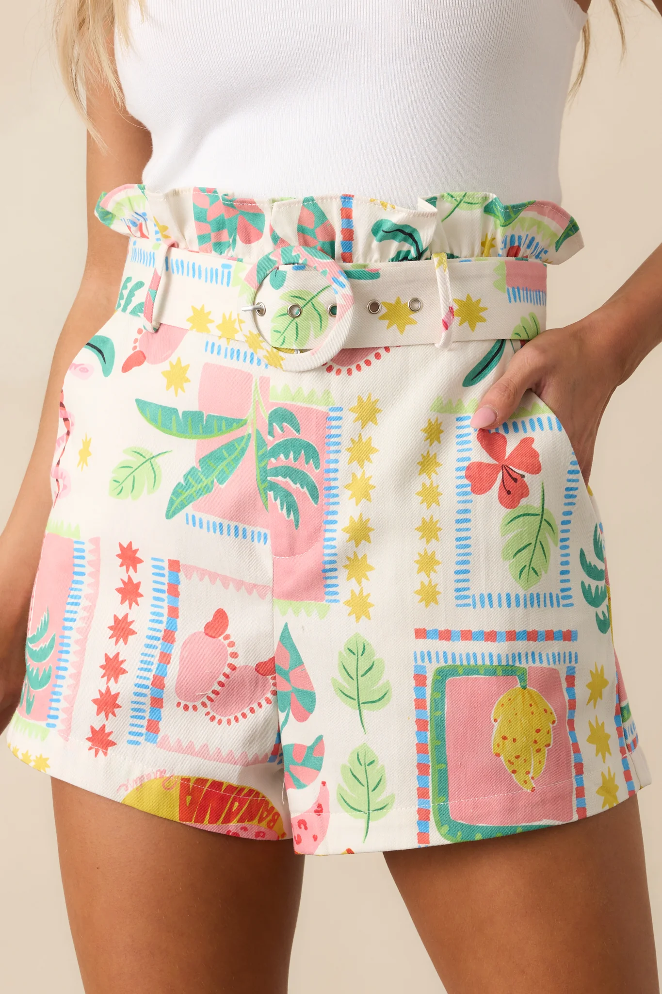 Scenic Views Ivory Patchwork Tropical Print Cotton Belted Shorts