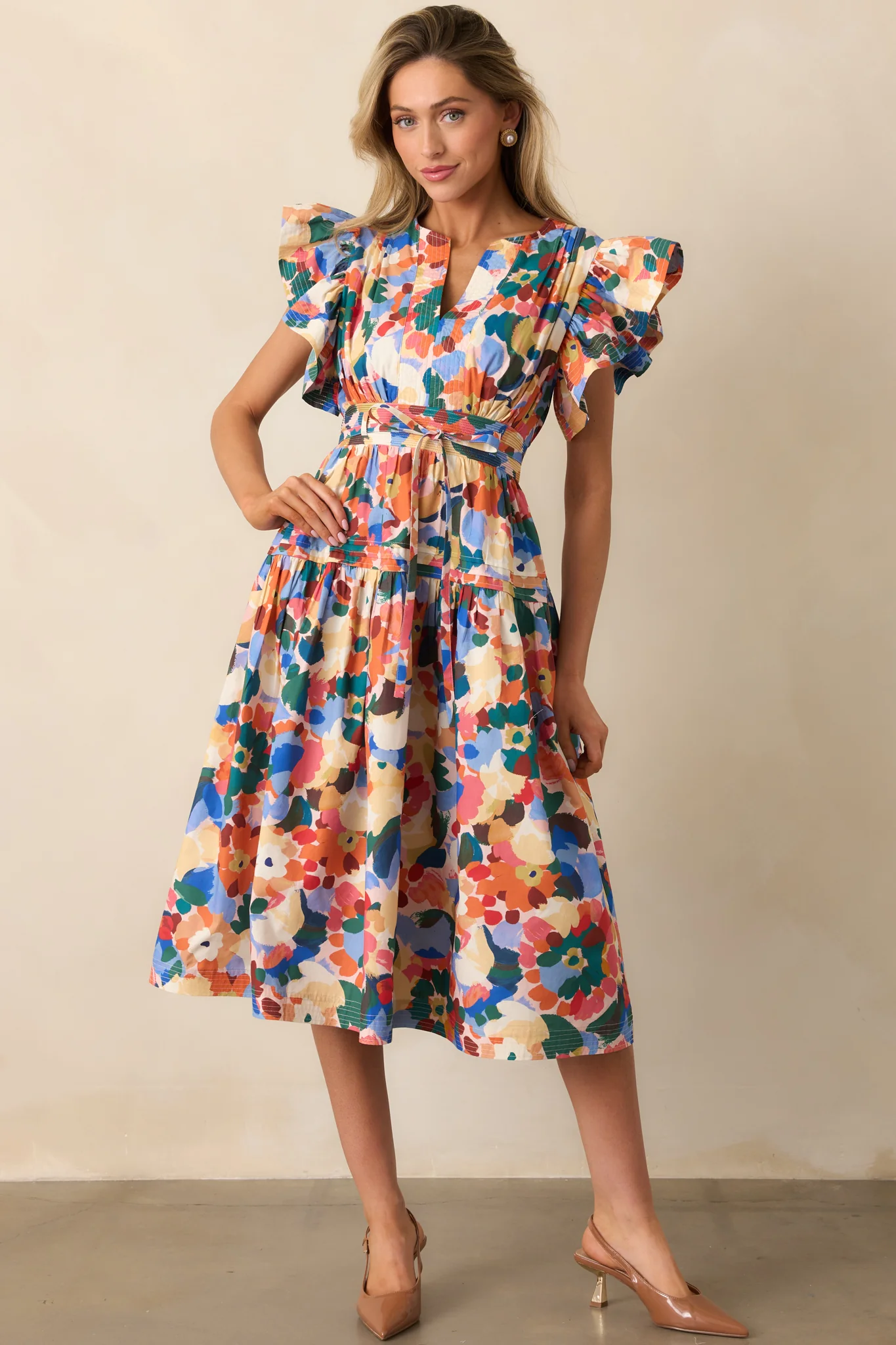 Prosperina Astor Orange Multi Floral Print Cotton Midi Dress