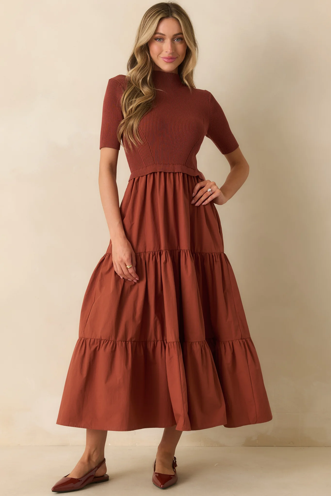 Rust Red Cotton Knit Short Sleeve Maxi Dress