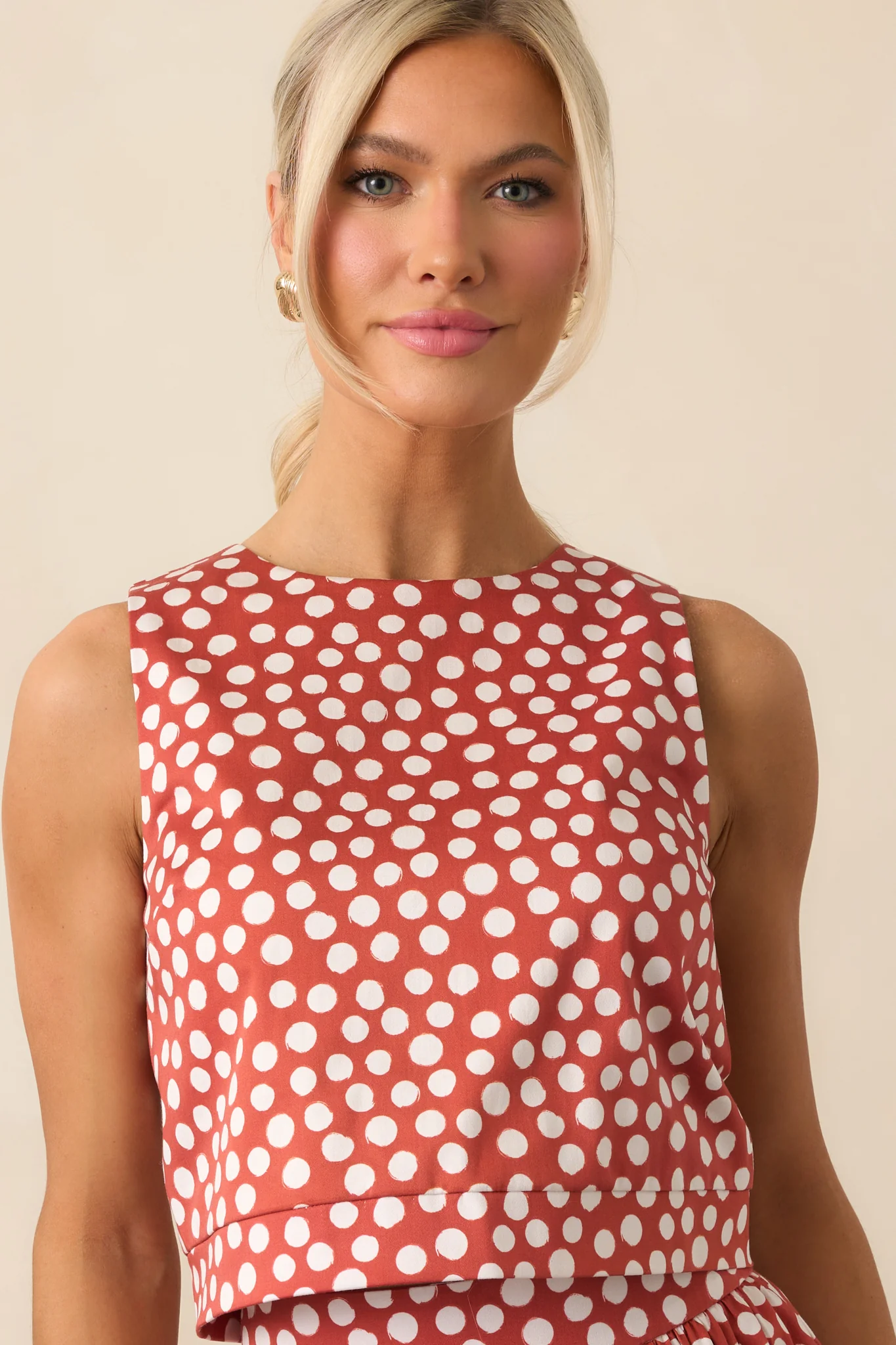 Prosperina Simone Brick Red Polka Dot Cotton Top