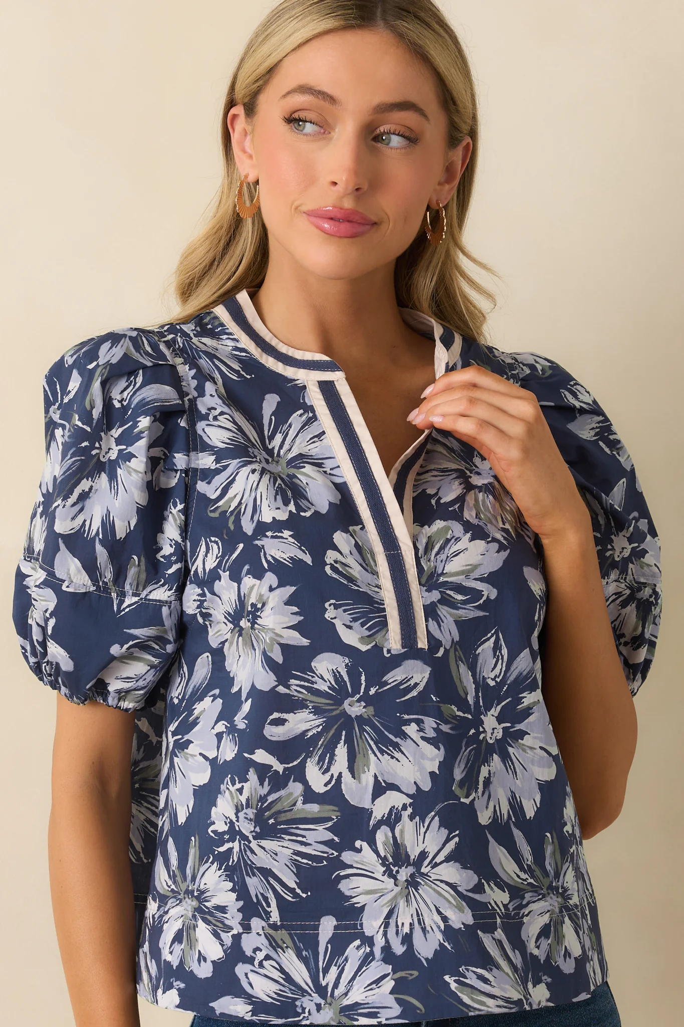 A Good Sign Navy Floral Print Cotton Puff Sleeve Top