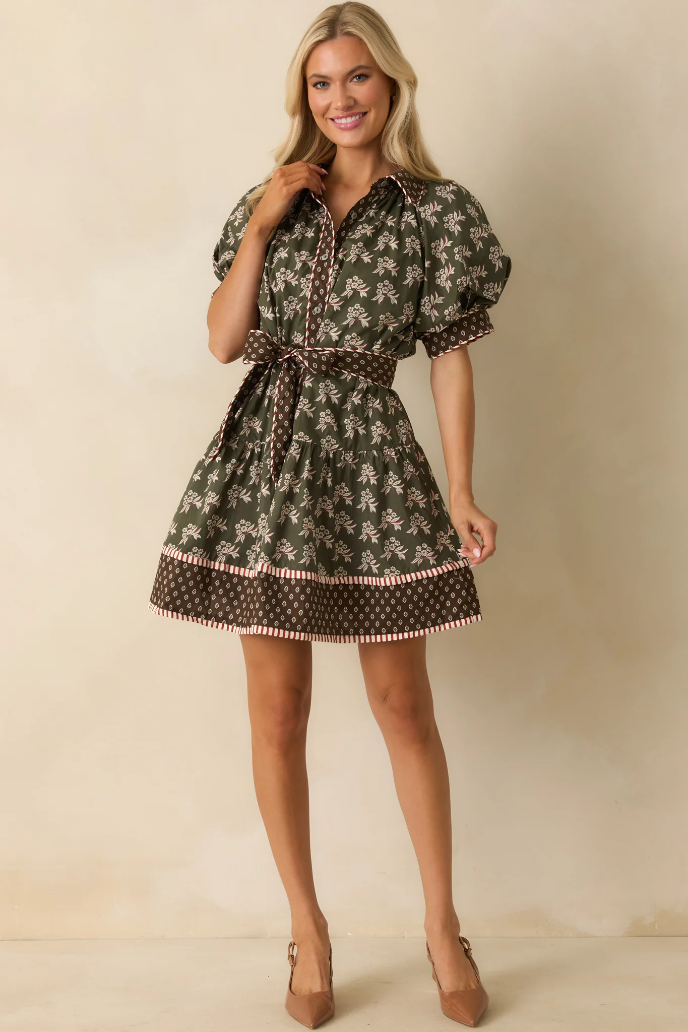 Nothing Forgotten Olive Green Multi Floral Print Cotton Mini Dress