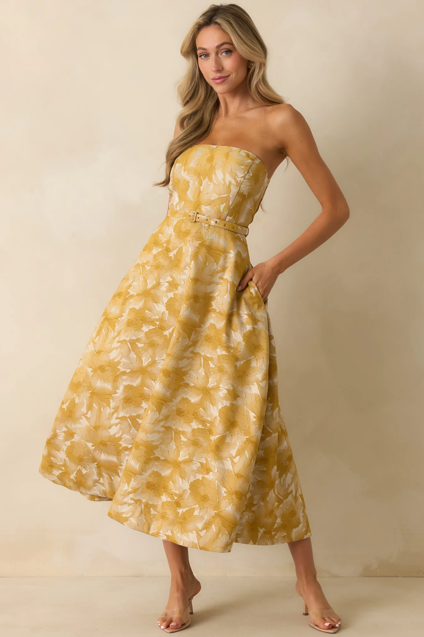 Perfectly Placed Yellow Gold Floral Jacquard Strapless Midi Dress