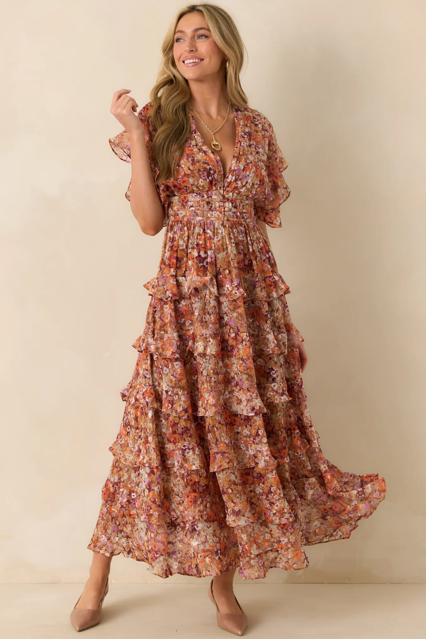 Room To Bloom Terracotta Multi Floral Print Ruffle Maxi Dress