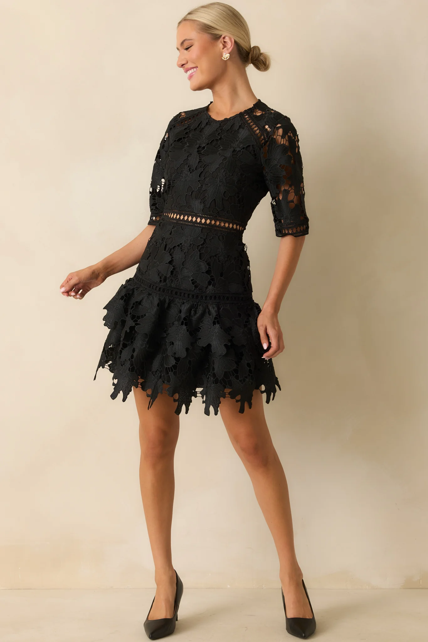 No Compromise Black Floral Guipure Lace Scallop Hem Mini Dress