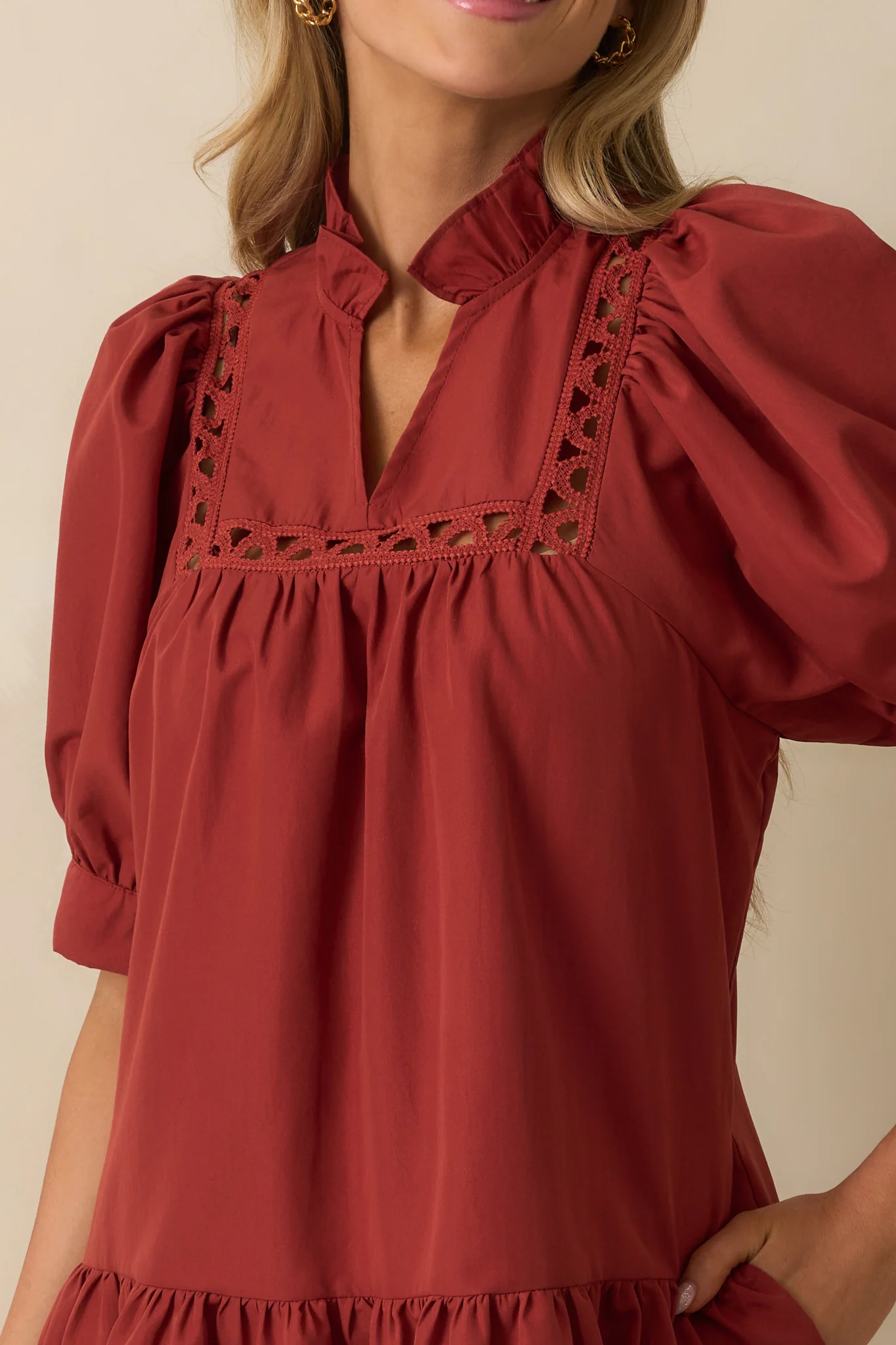 Feels Just Right Brick Red Puff Sleeve Embroidered Eyelet Mini Dress