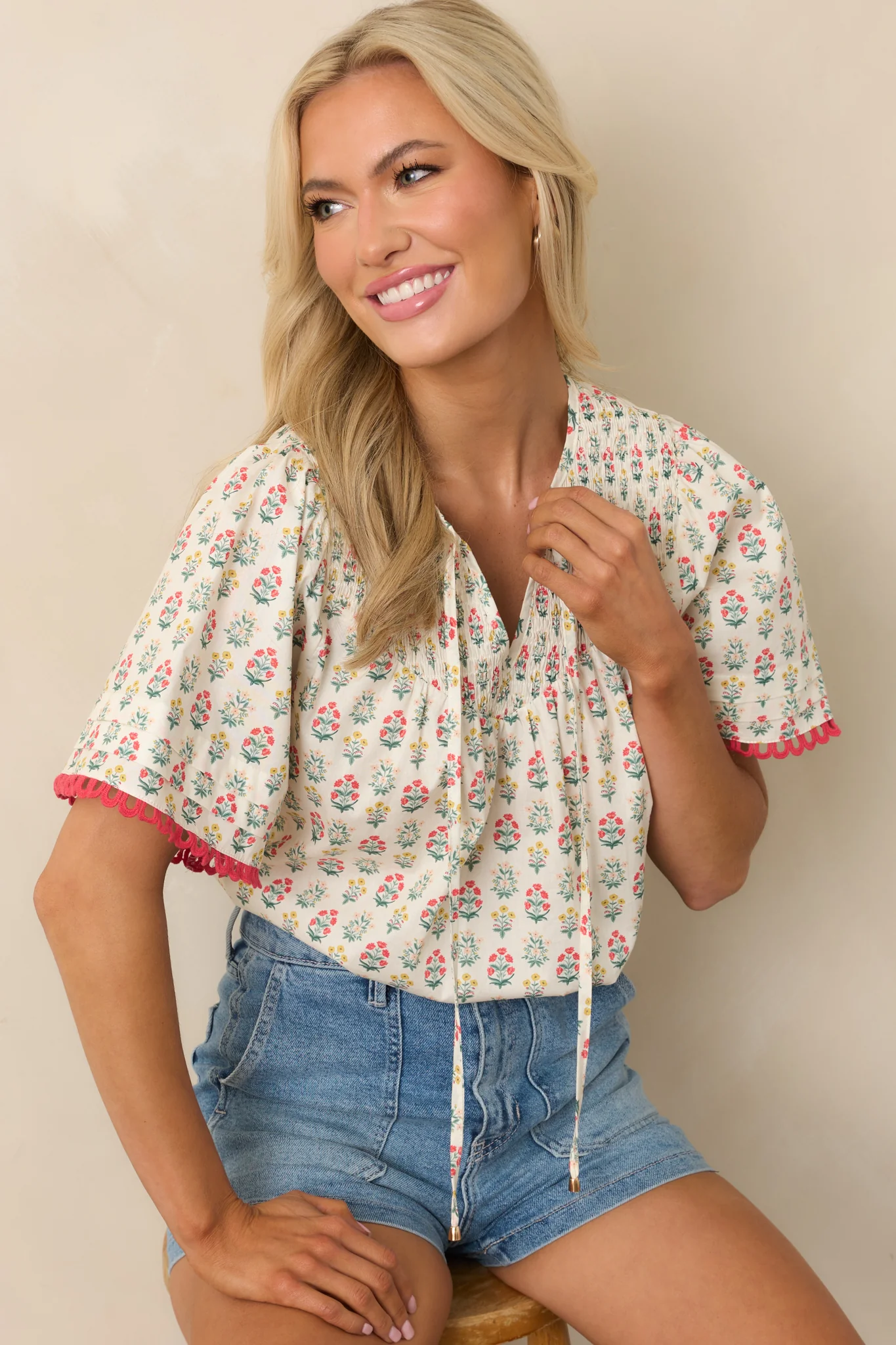 These Are The Good Times Red Floral Cotton Short Sleeve Top