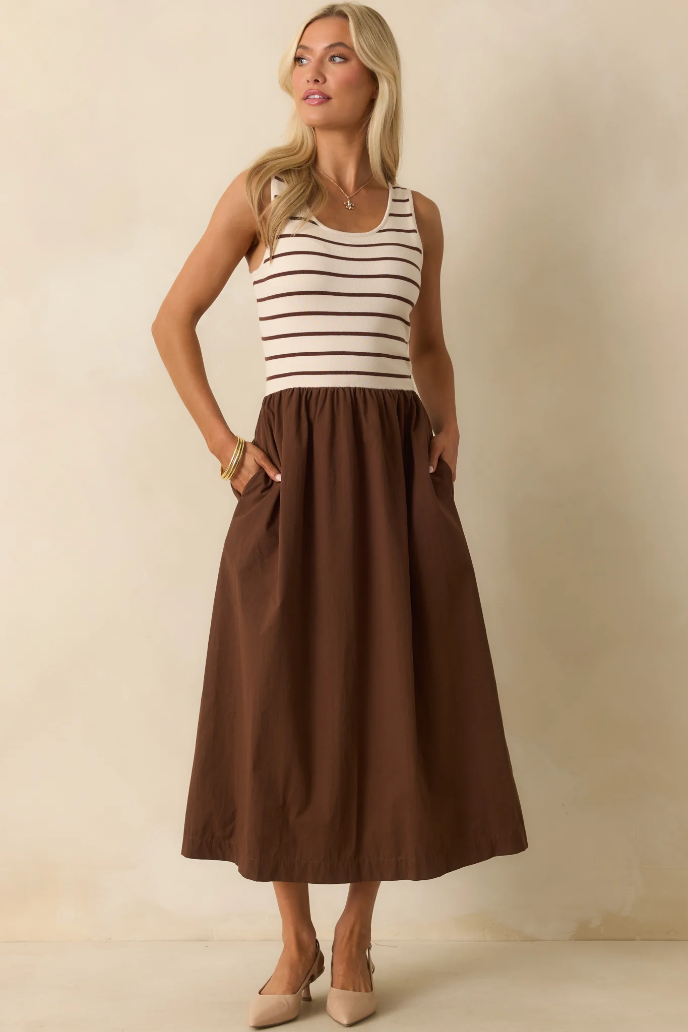 It's In The Books Brown Stripe Knit Bodice Maxi Dress