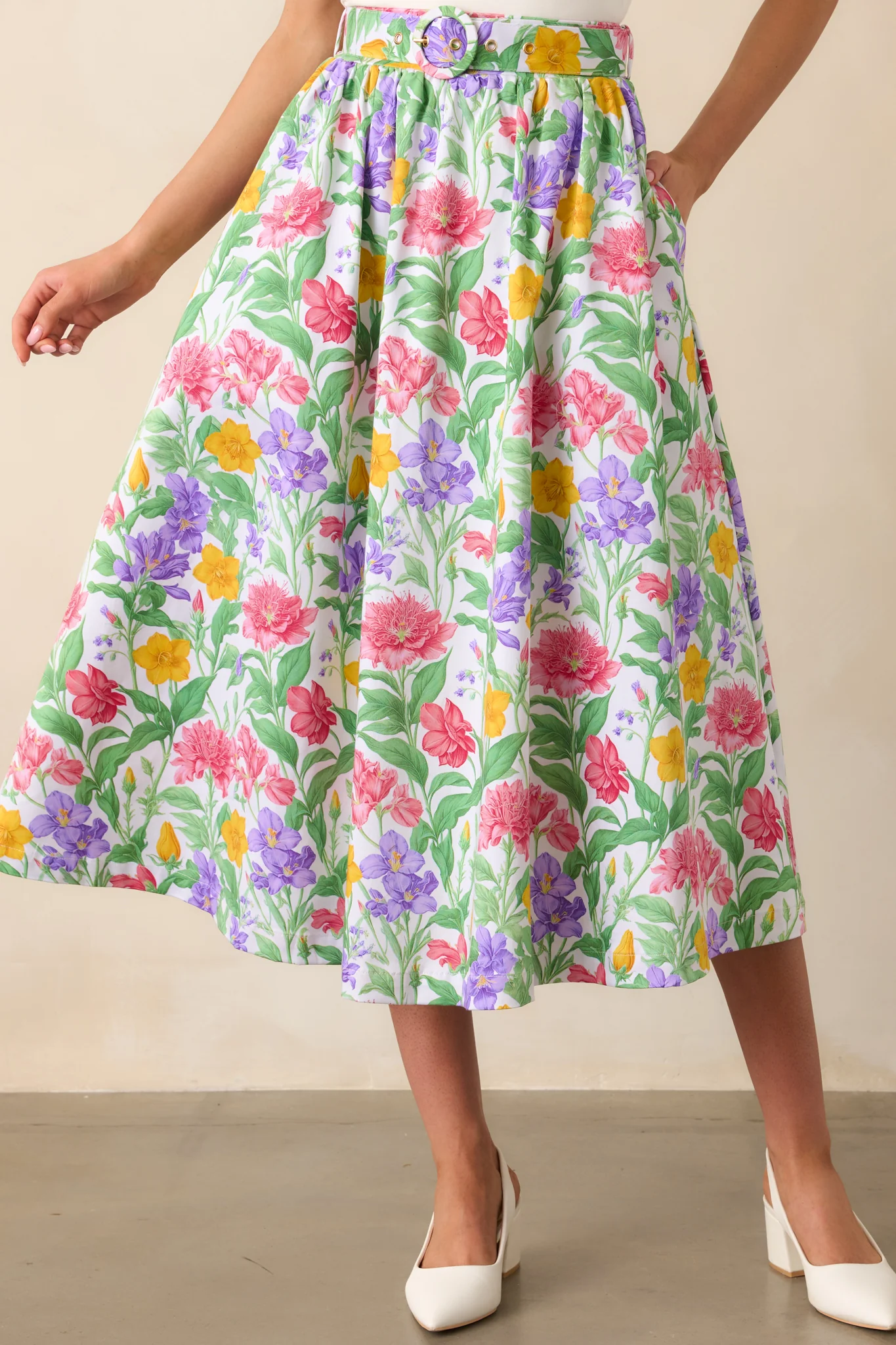 Thena Garden Party Floral Cotton Belted Midi Skirt