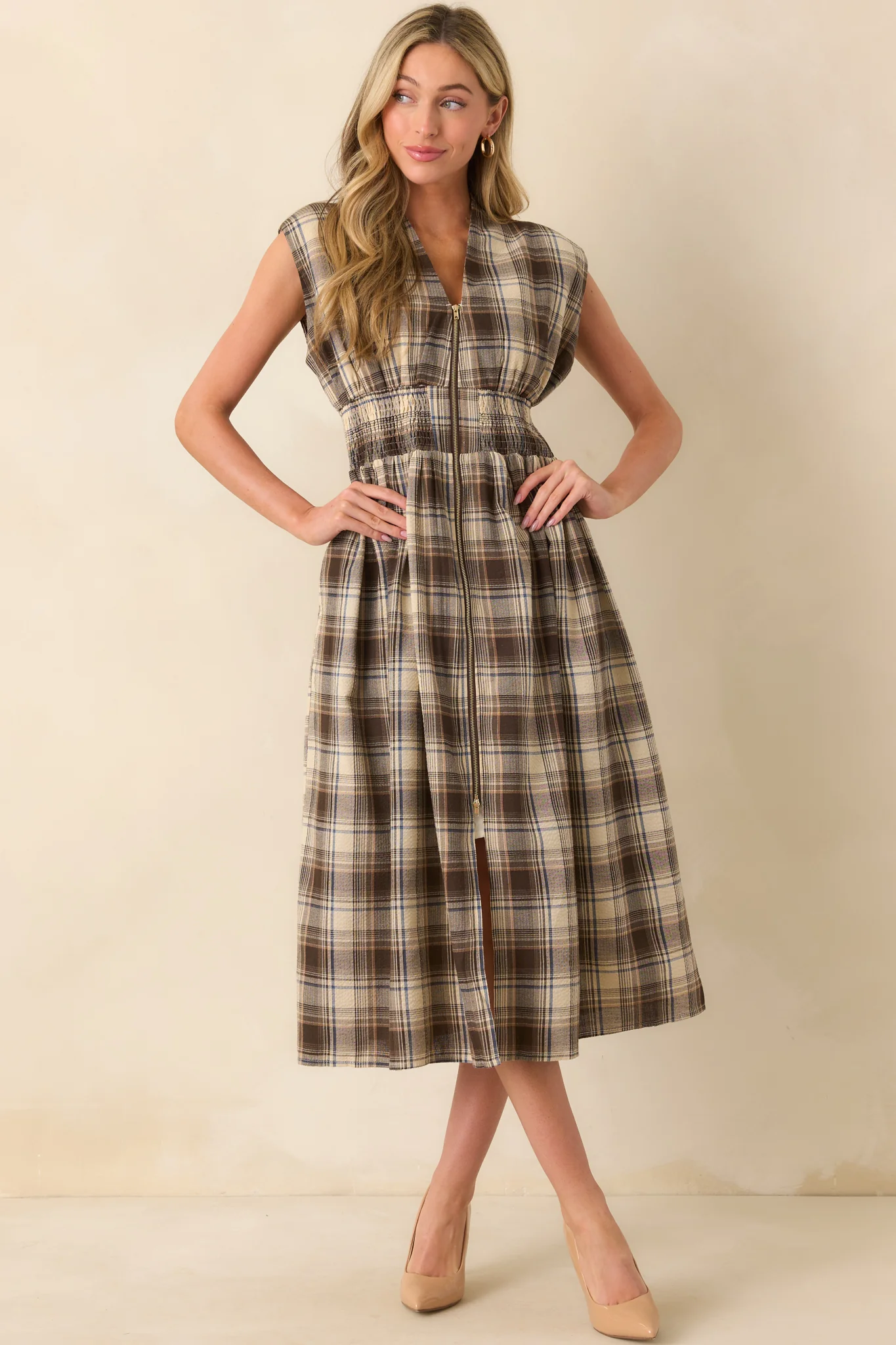 The Evette Mocha Brown Tartan Plaid Cotton Zip Front Midi Dress