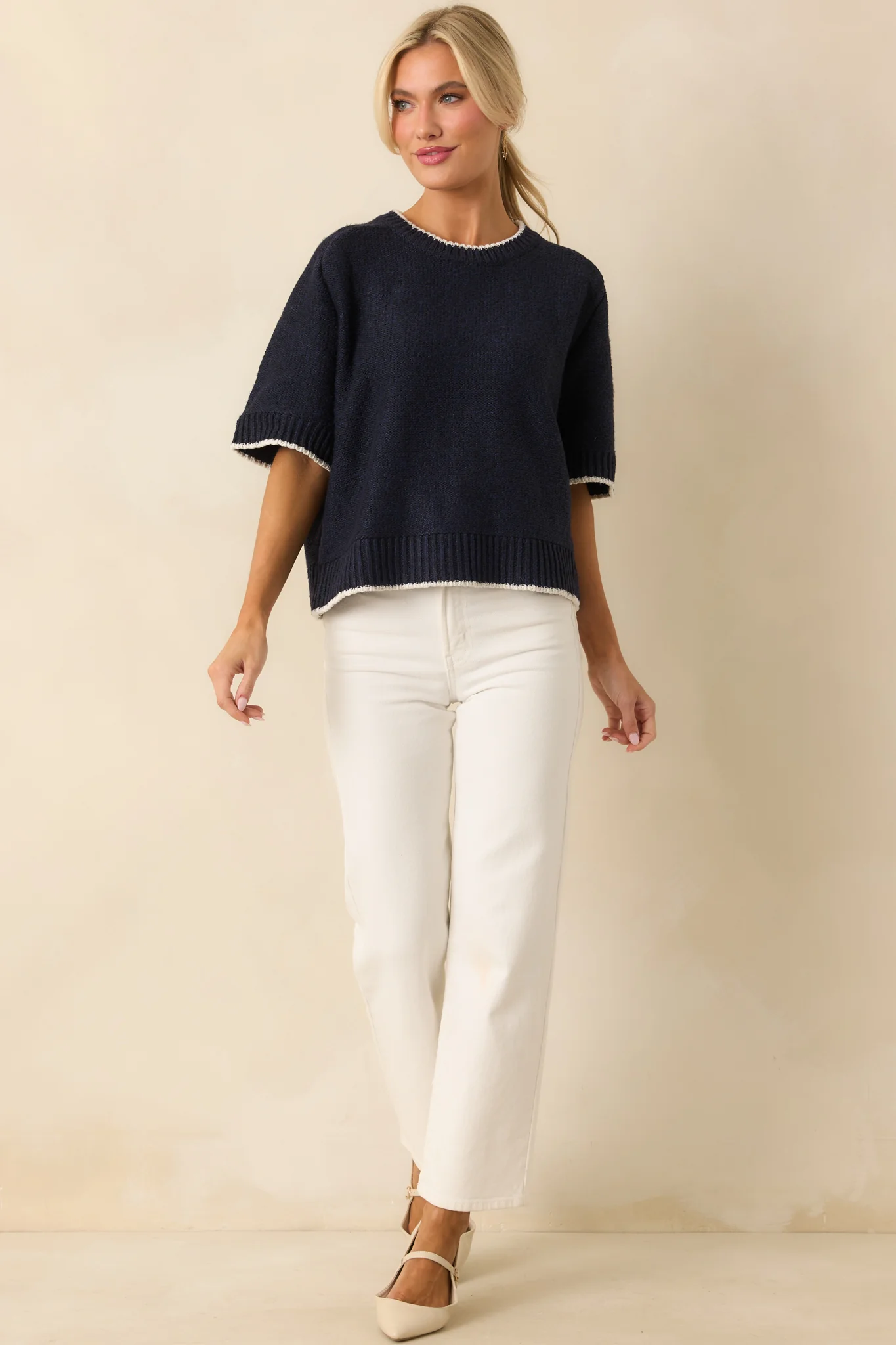 Never Looked Back Navy Contrast Trim Short Sleeve Sweater