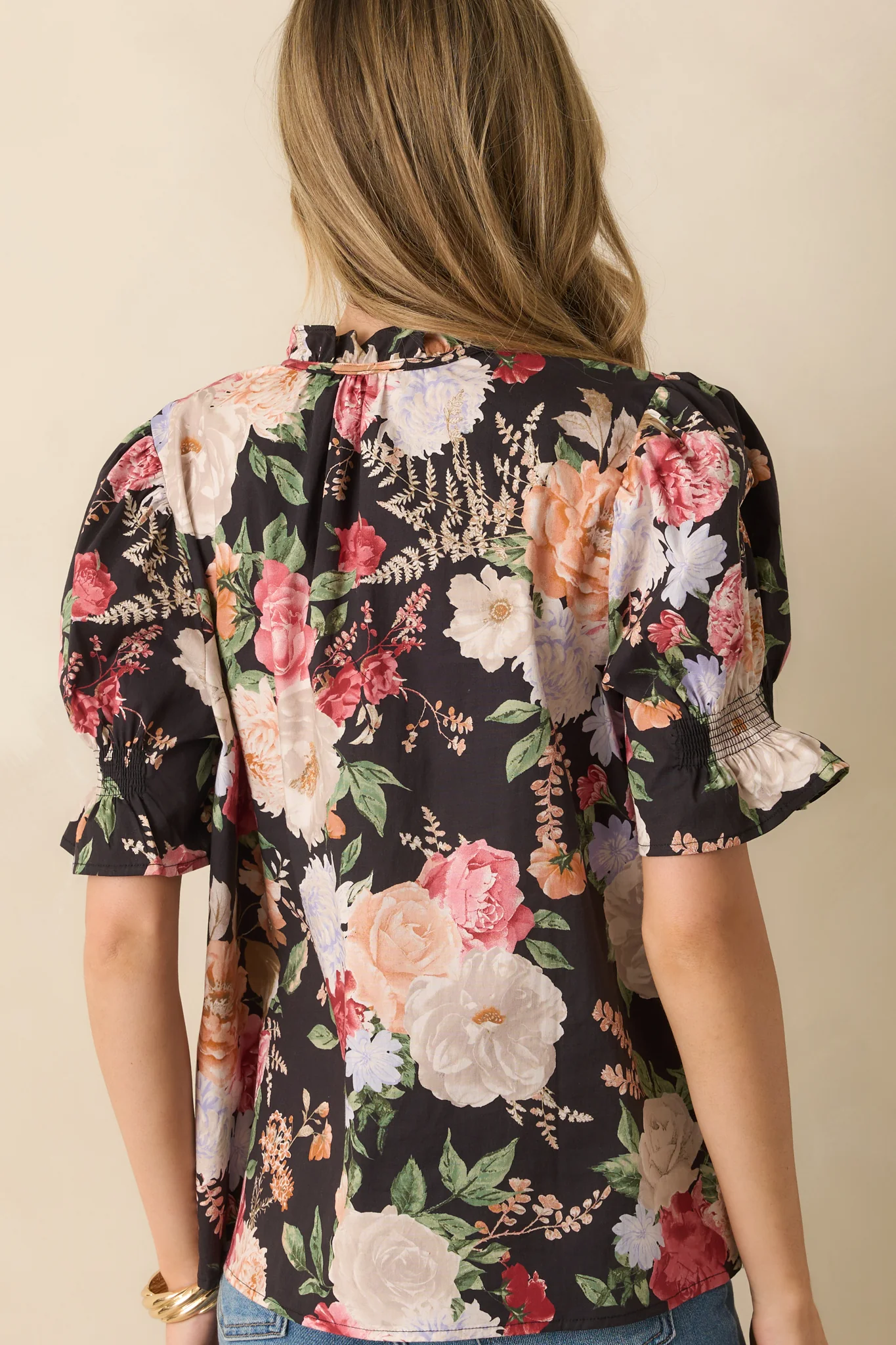 Black Multi Floral Print Cotton Puff Sleeve Top