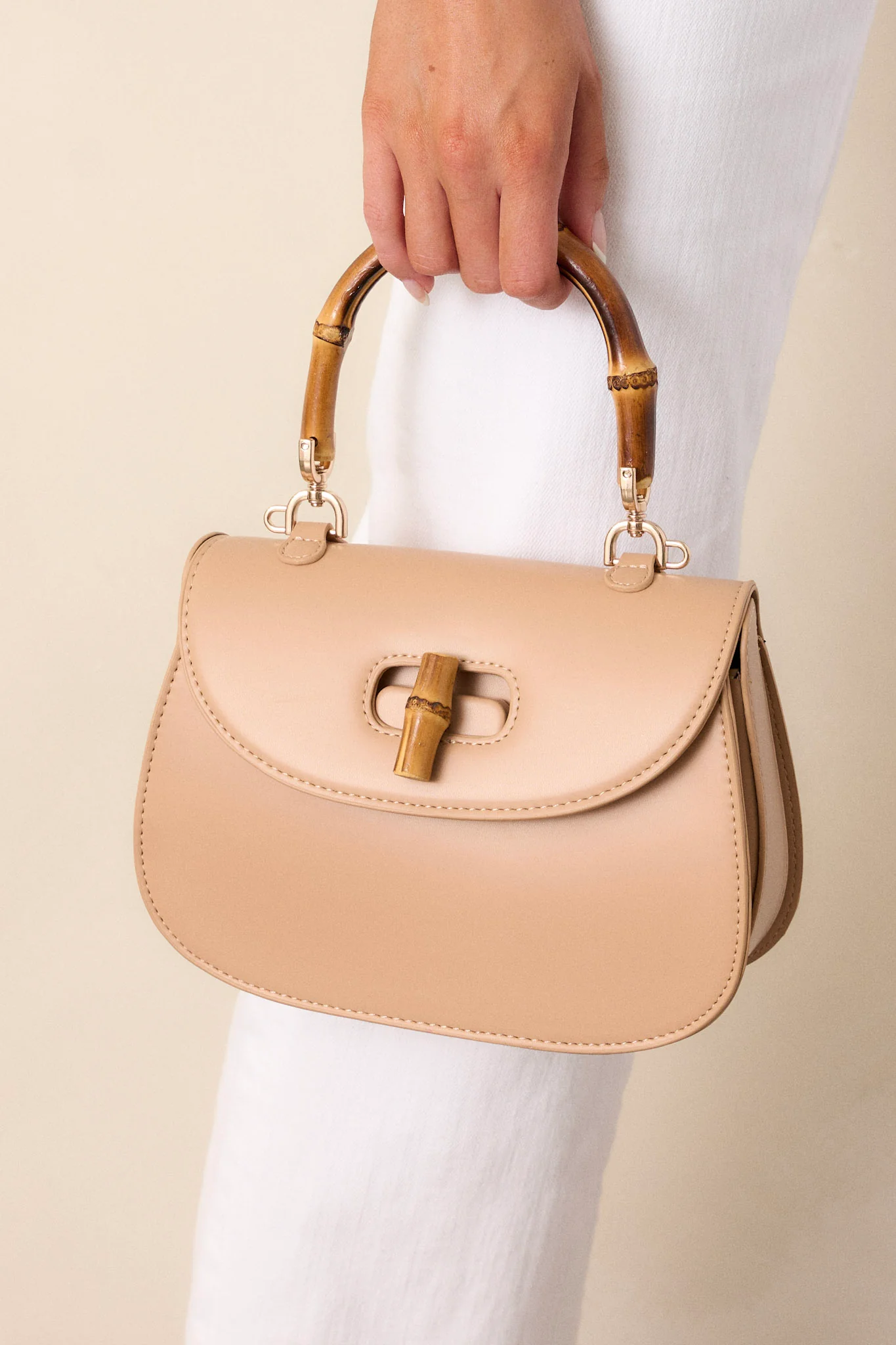 Whimsical Whirlwind Beige Bamboo Handle Handbag