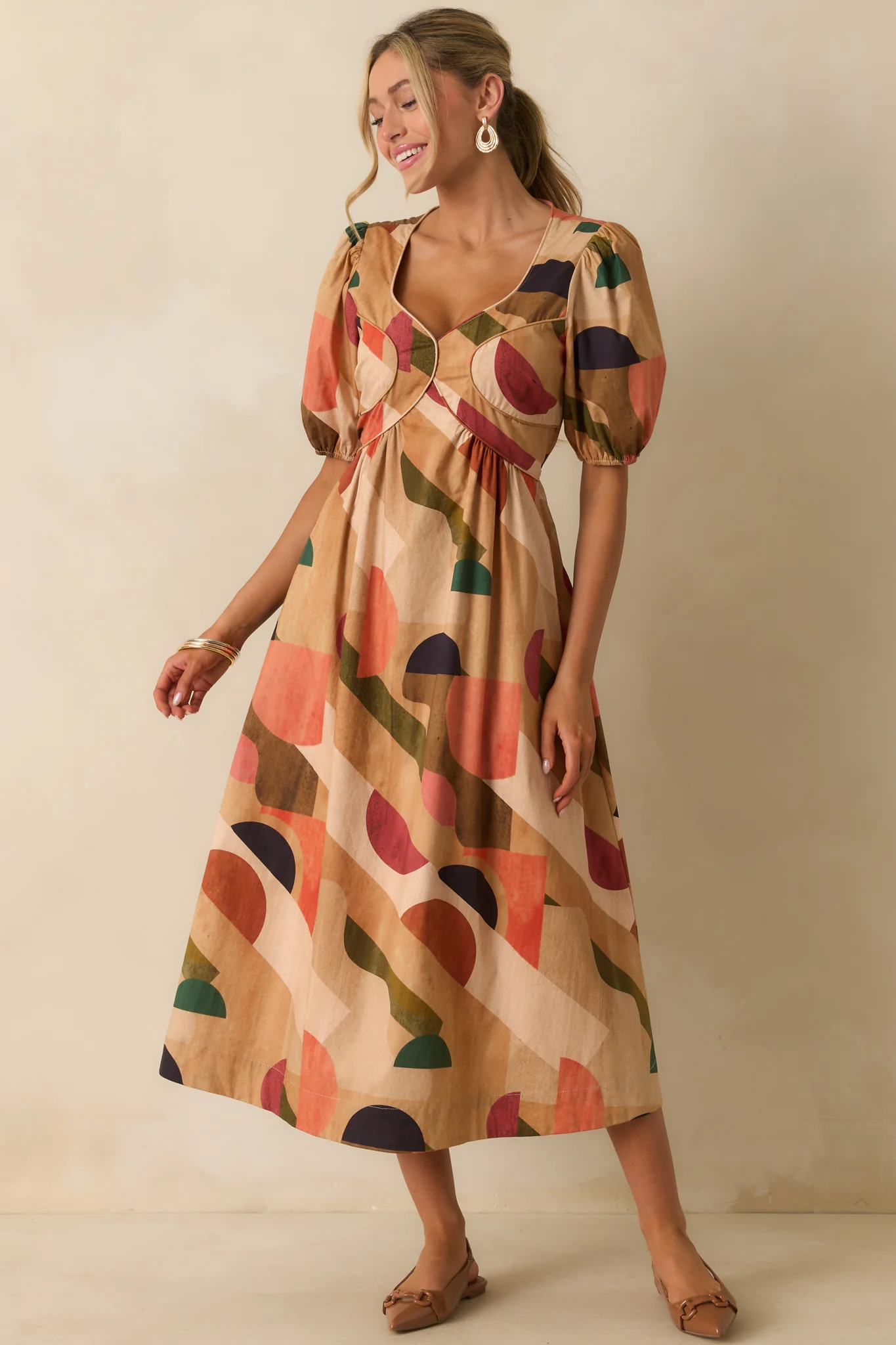 Through The Grapevine Tan Multi Abstract Print Midi Dress
