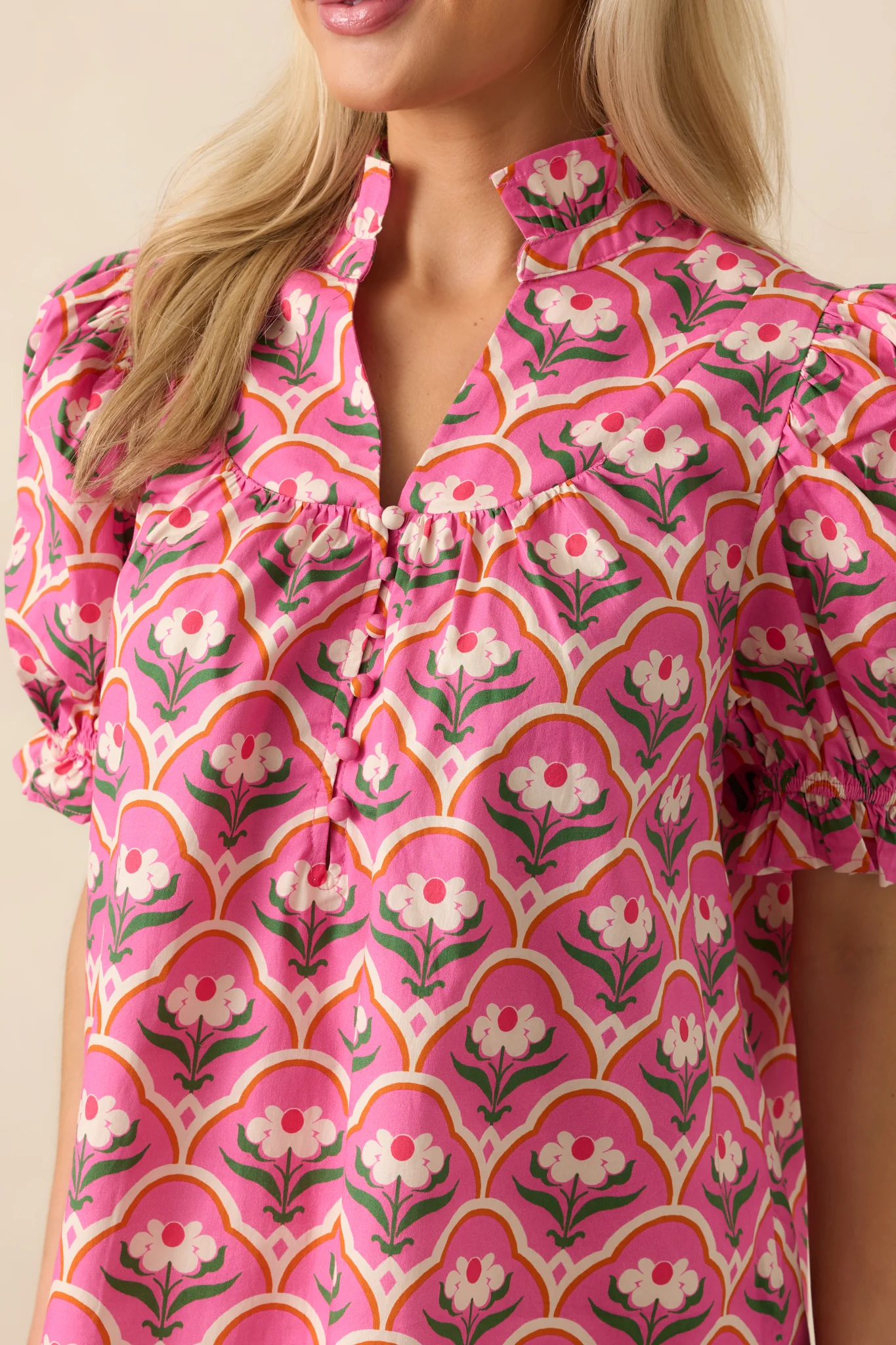 Crossed My Mind Pink Geometric Floral Print Cotton Top