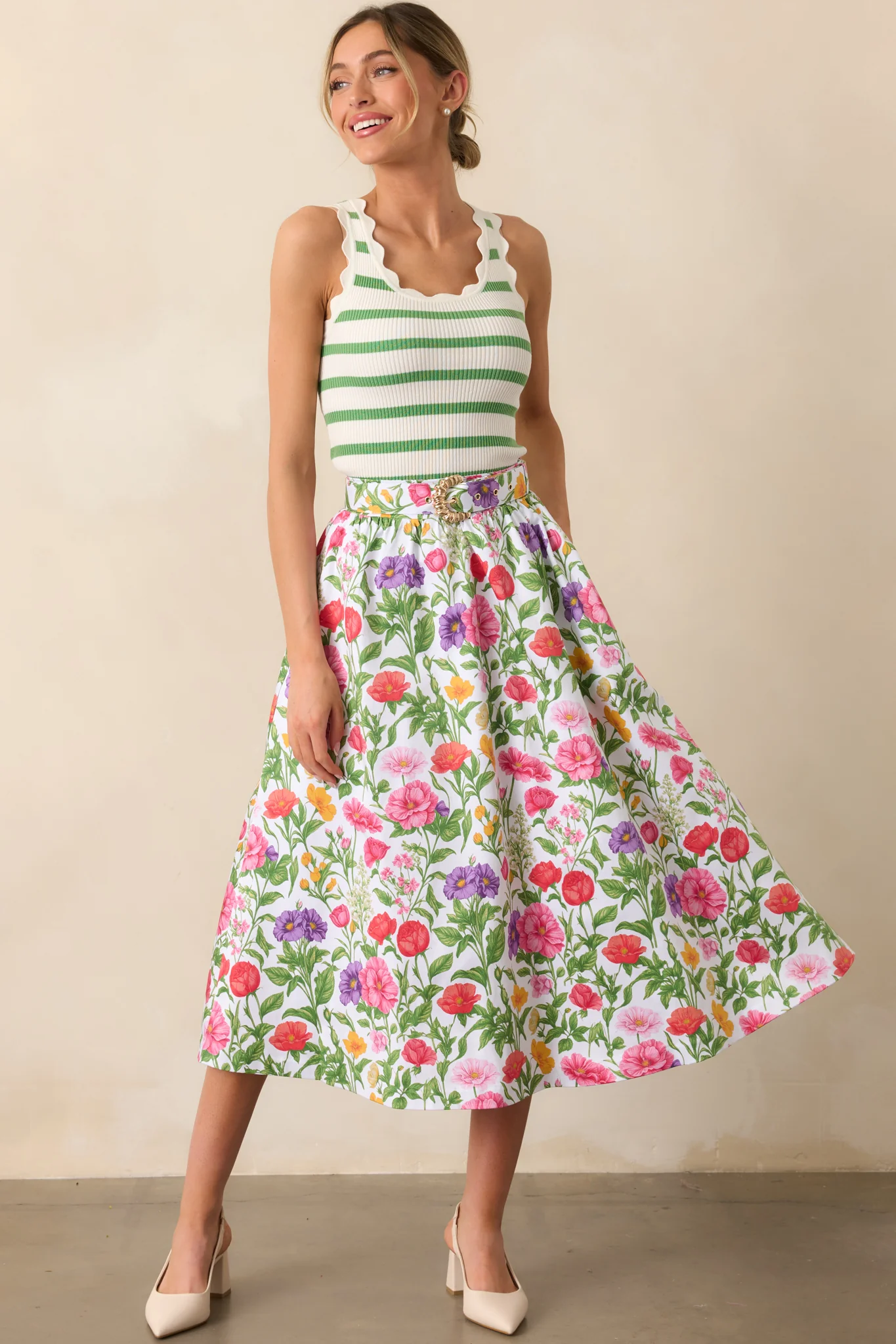Thena Secret Garden Floral Cotton Belted Midi Skirt