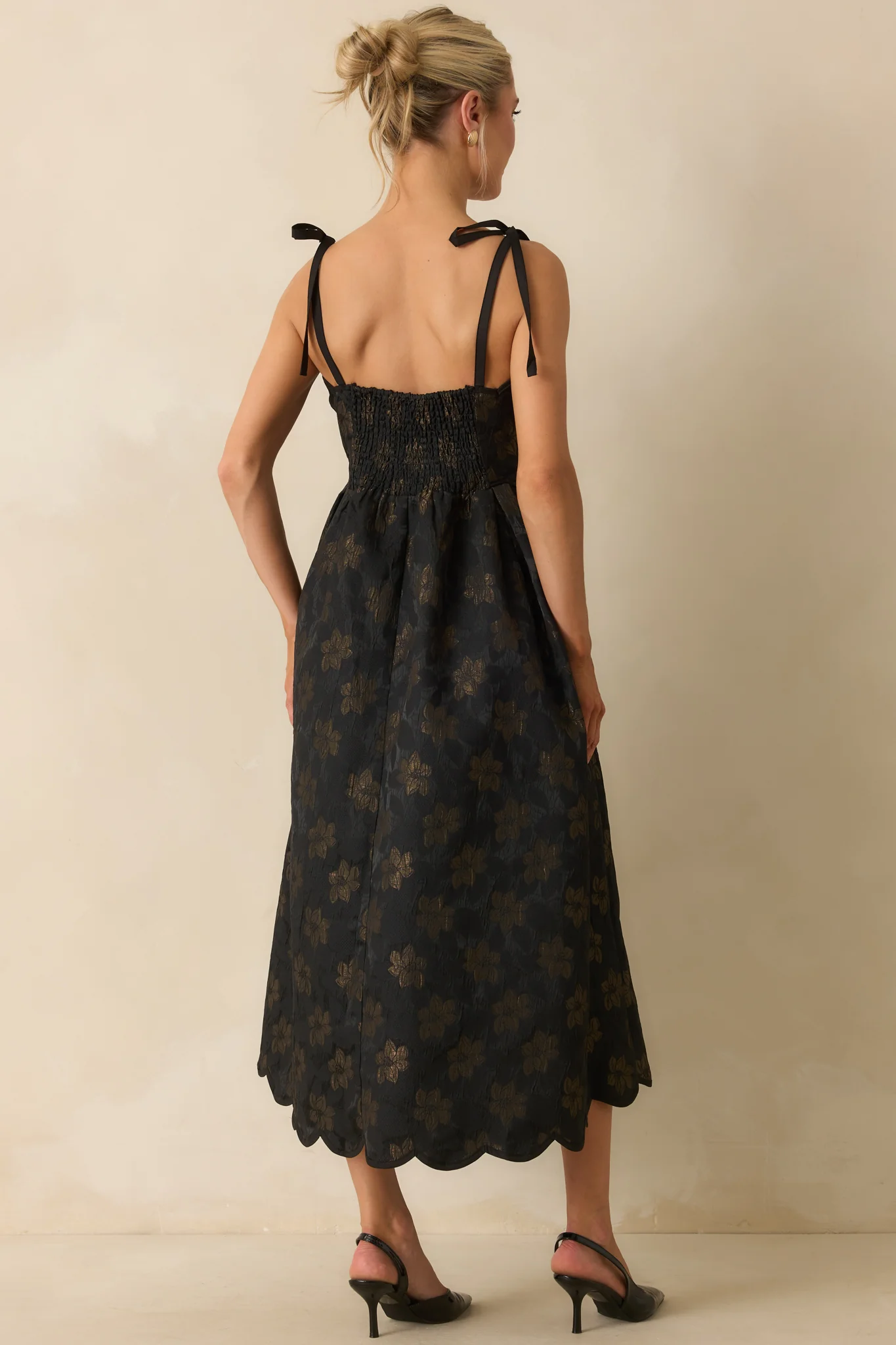 No Better Way Black Floral Jacquard Scallop Hem Midi Dress