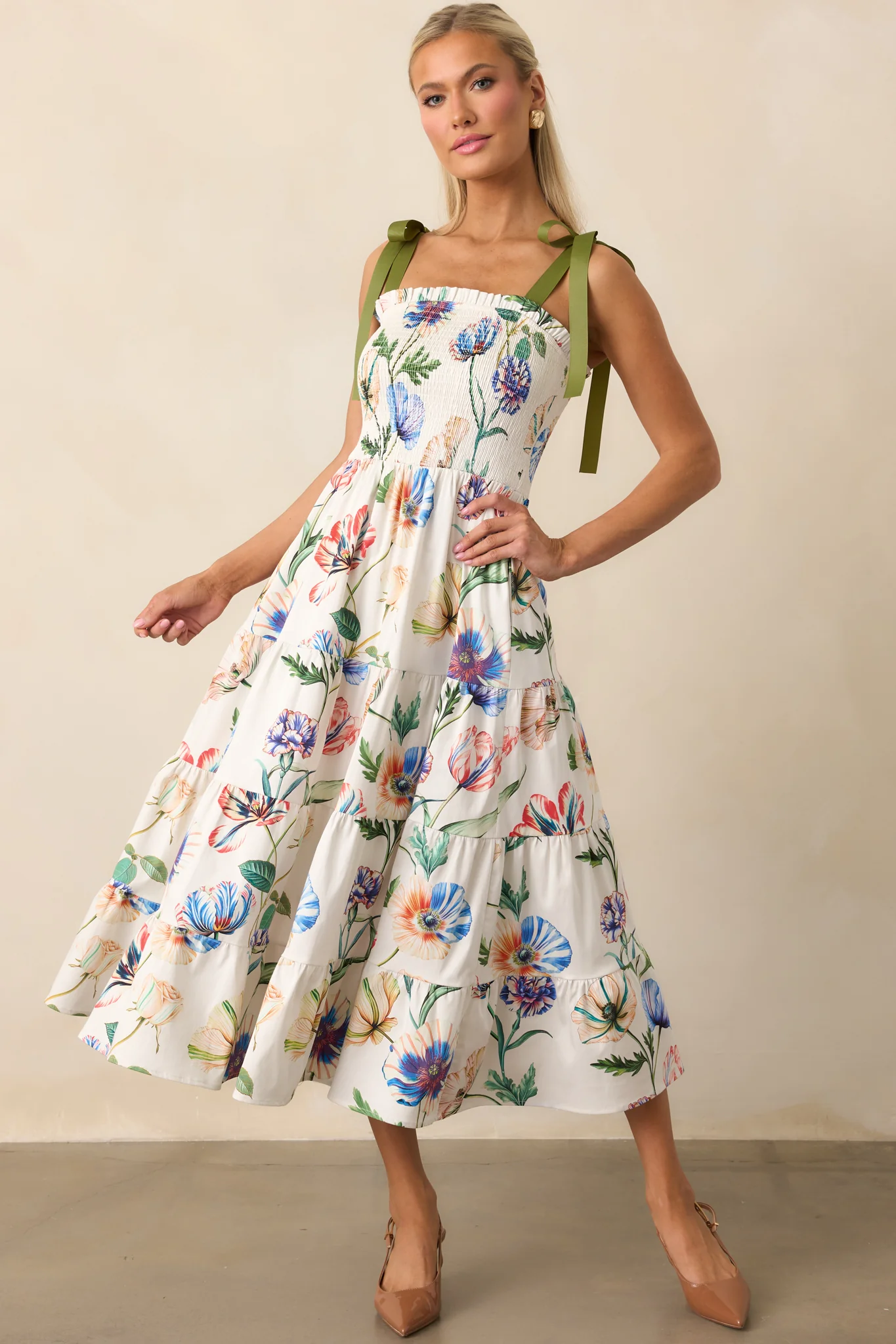 Prosperina Aurea Ivory Multi Floral Print Cotton Midi Dress