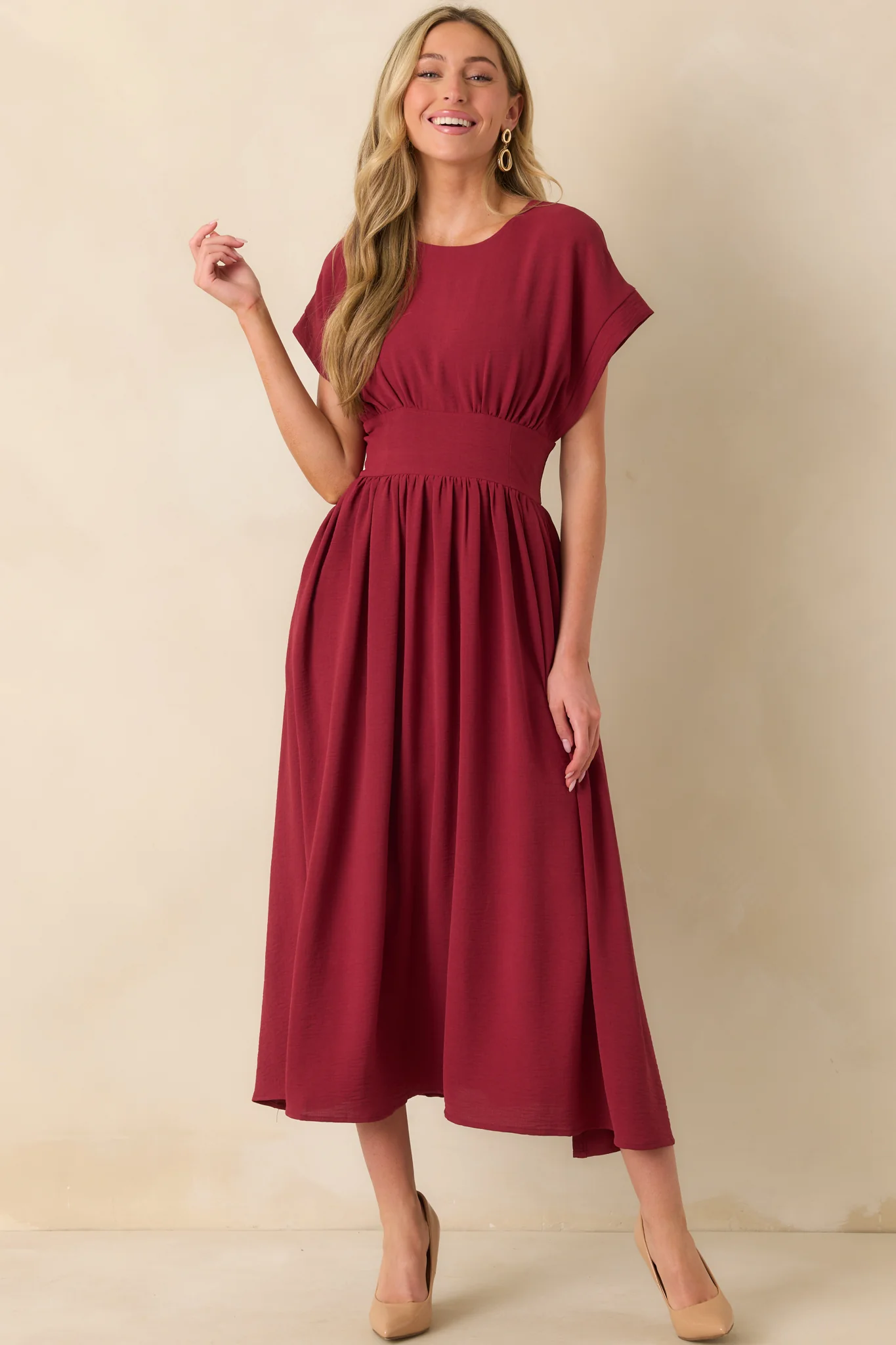 Faded Photographs Burgundy Chiffon Cap Sleeve Maxi Dress