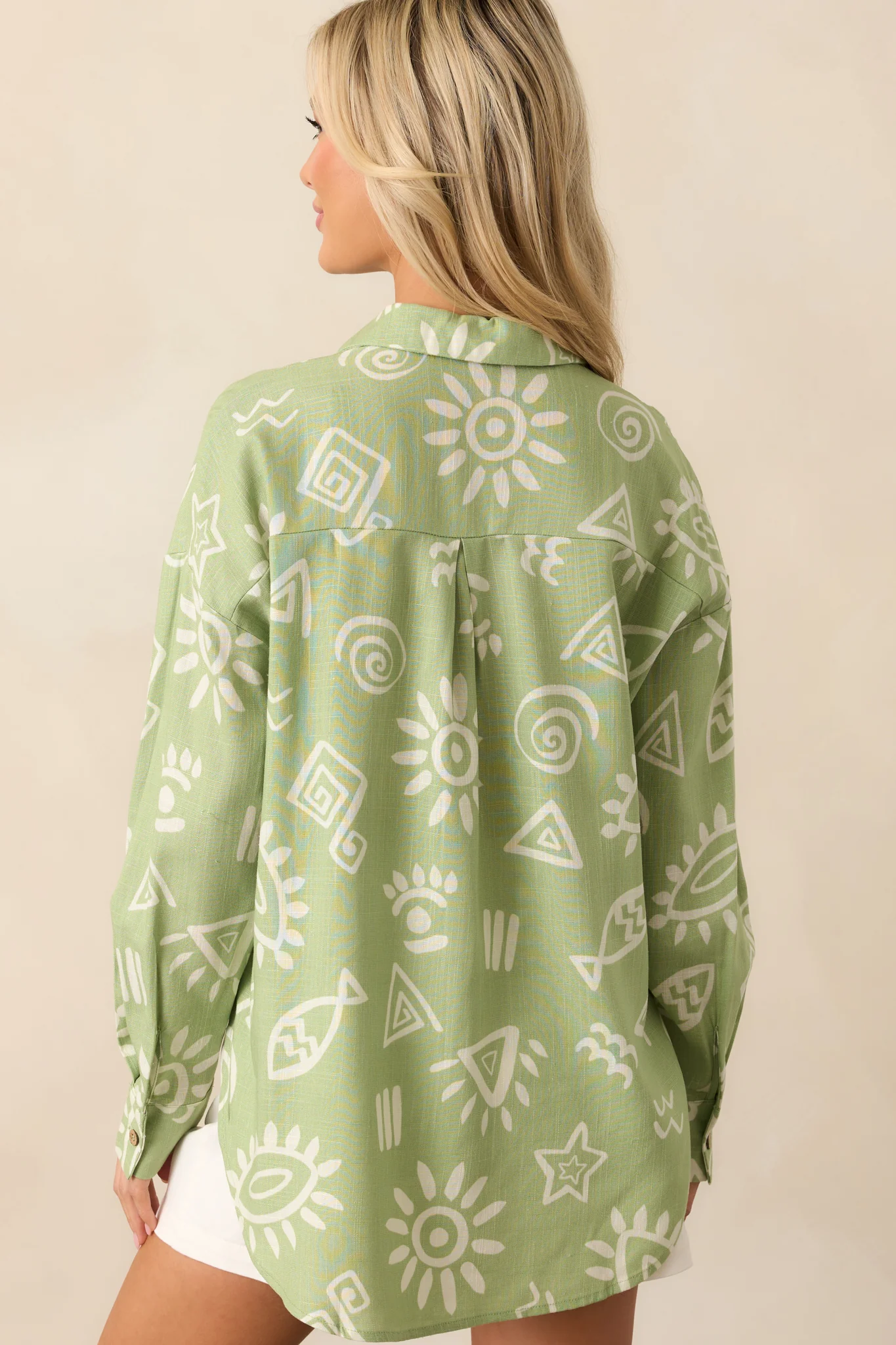 In My Flow Olive Green Tropical Print Linen Button Front Top