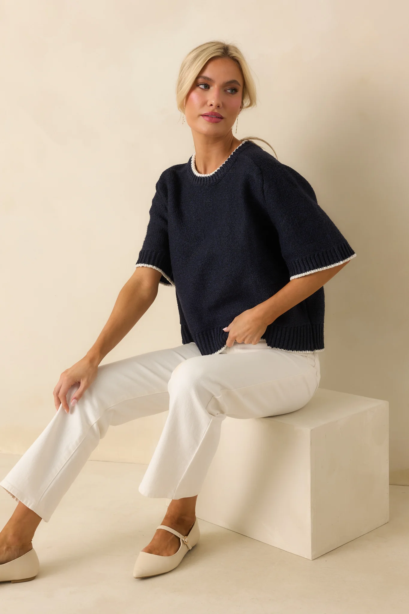 Never Looked Back Navy Contrast Trim Short Sleeve Sweater