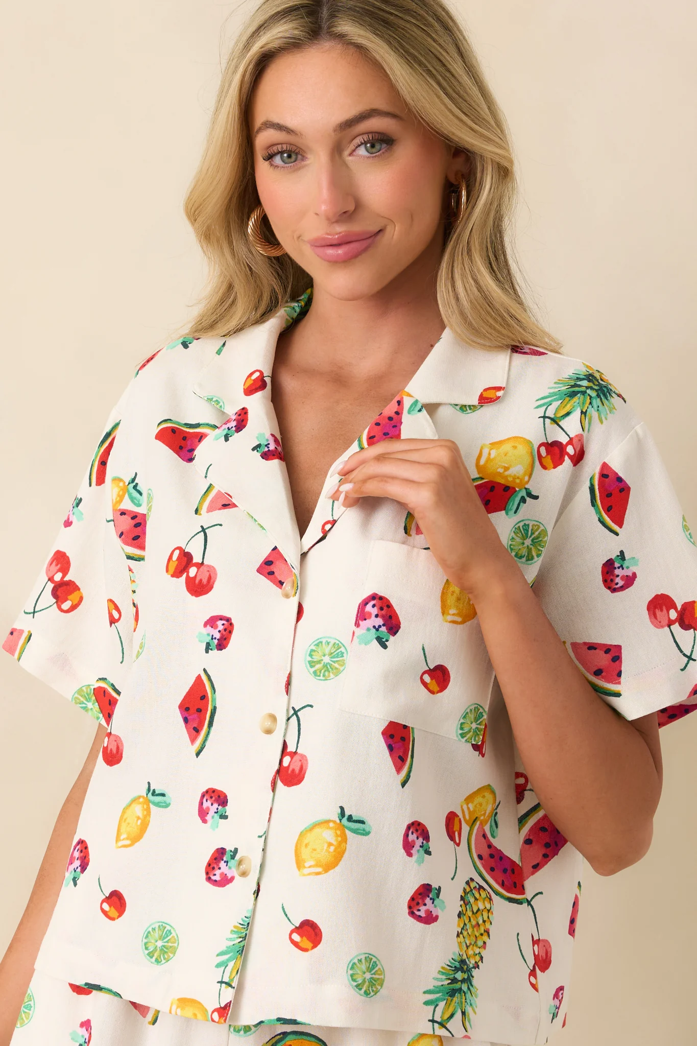 Just Like Before Ivory Multi Fruit Print Button Front Top