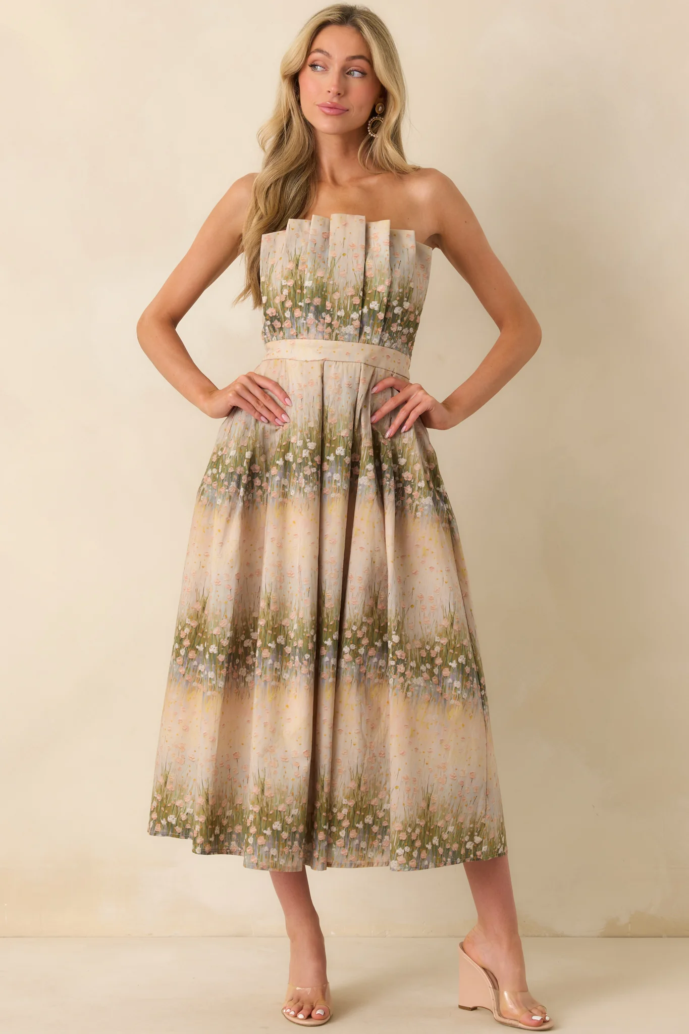 The Genevieve Beige Floral Print Cotton Strapless Midi Dress