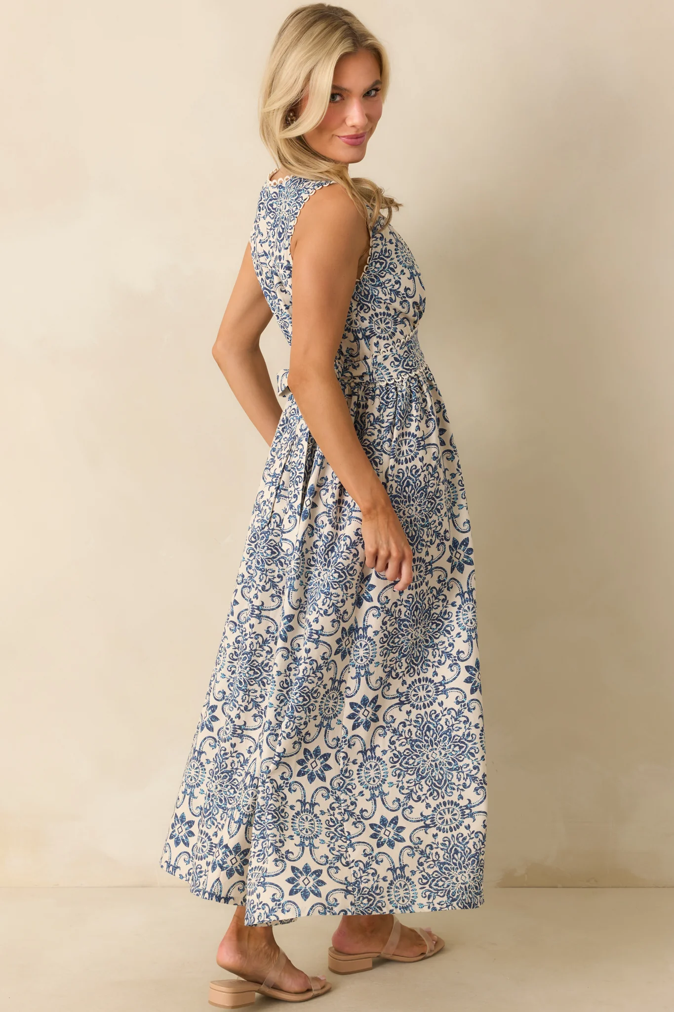 A Lovely Escape Blue Tile Print Linen Blend Sleeveless Maxi Dress