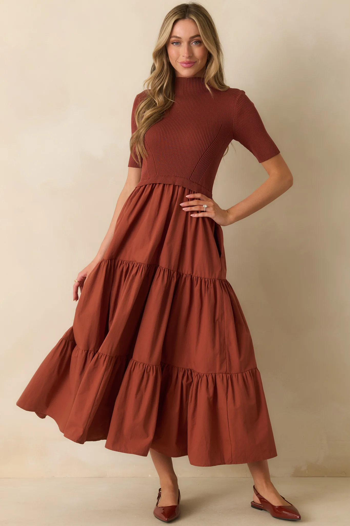 Rust Red Cotton Knit Short Sleeve Maxi Dress