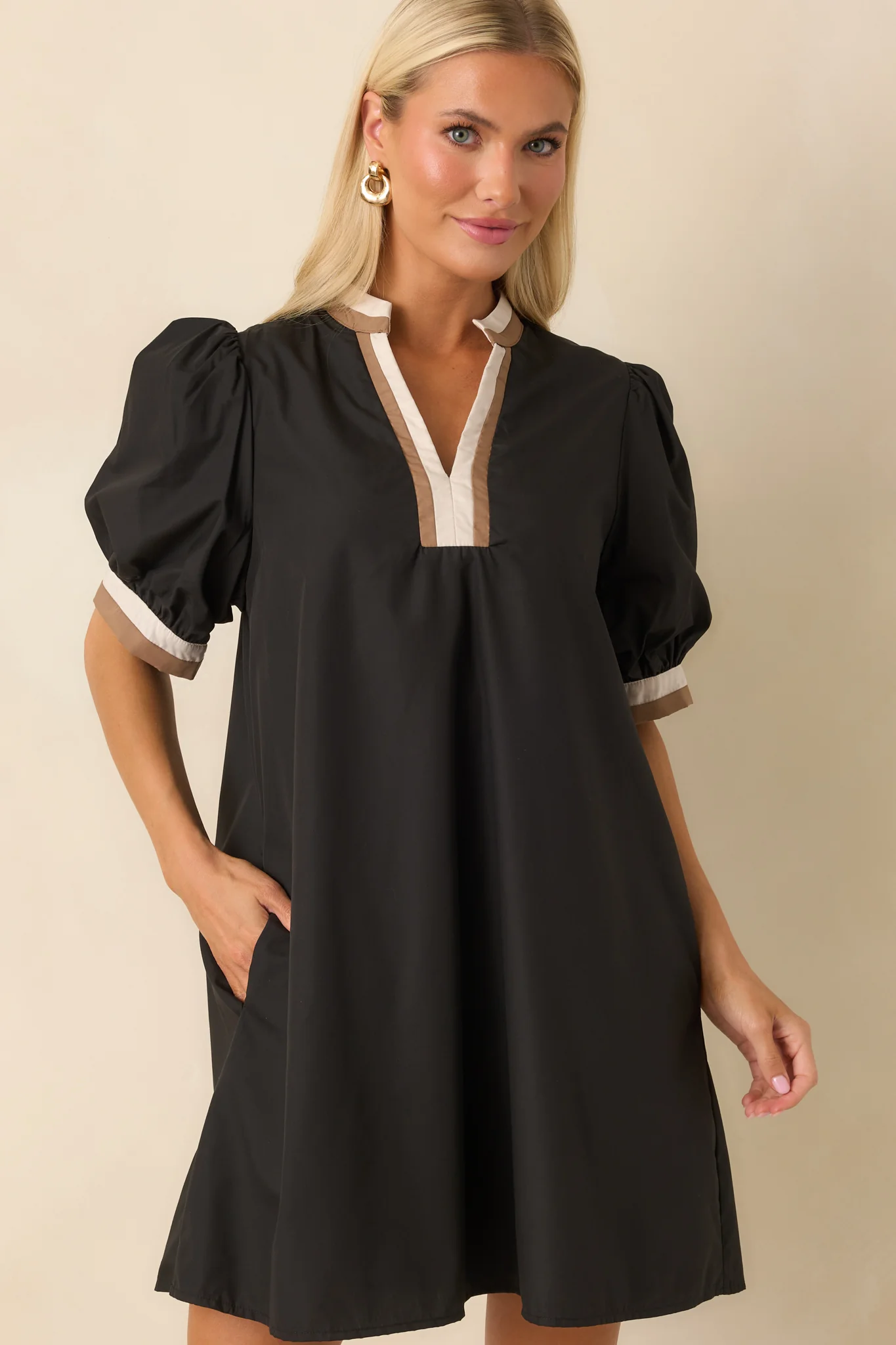 Chose The Day Black Cotton Contrast Trim Puff Sleeve Mini Dress