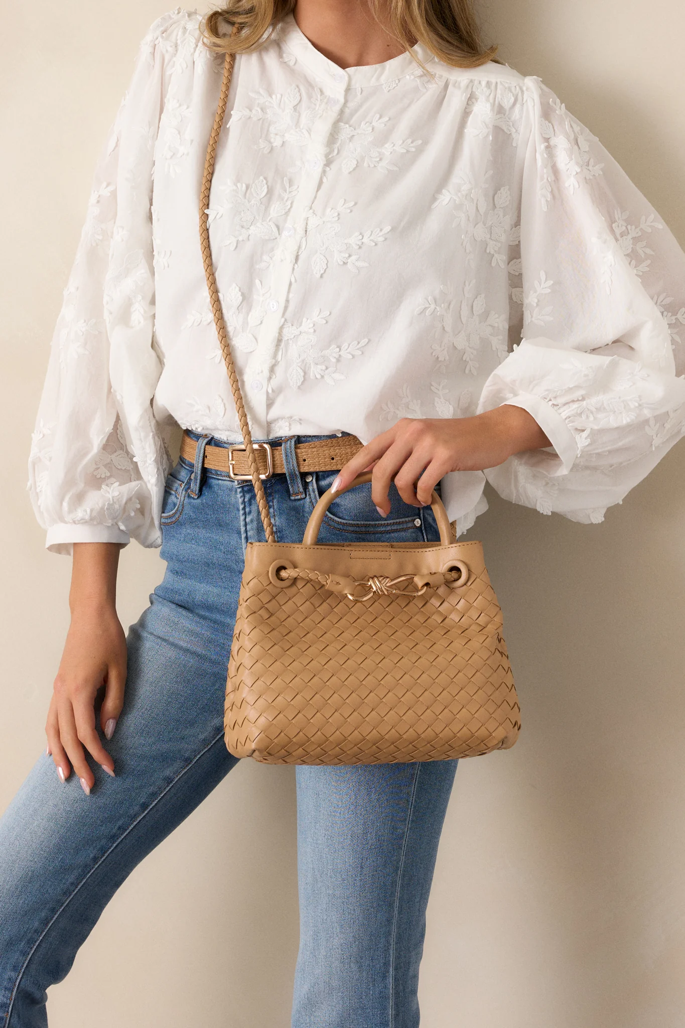 Just My Type Tan Woven Faux Leather Handbag