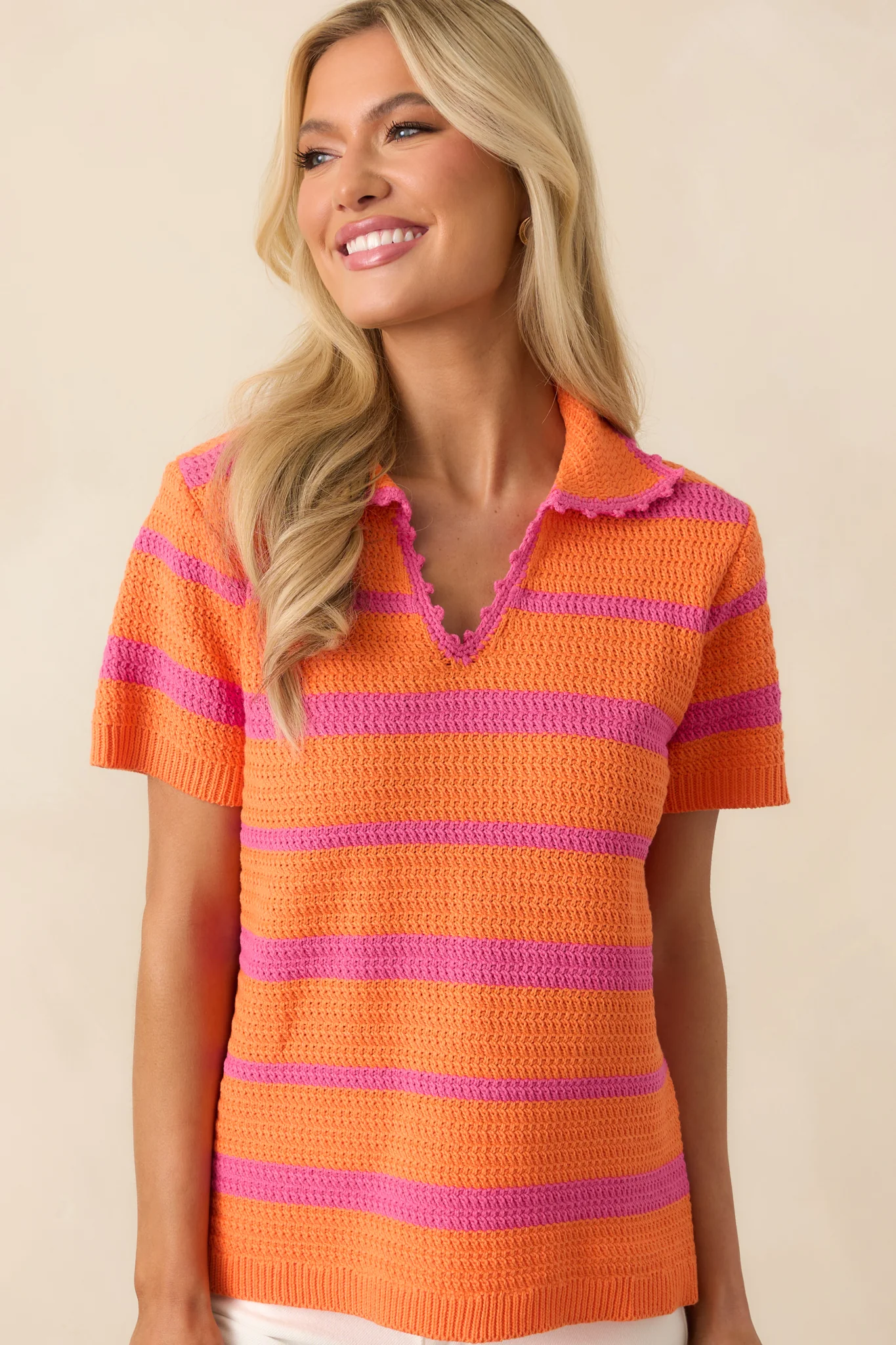 Keeping My Peace Bright Orange Stripe Short Sleeve Knit Top