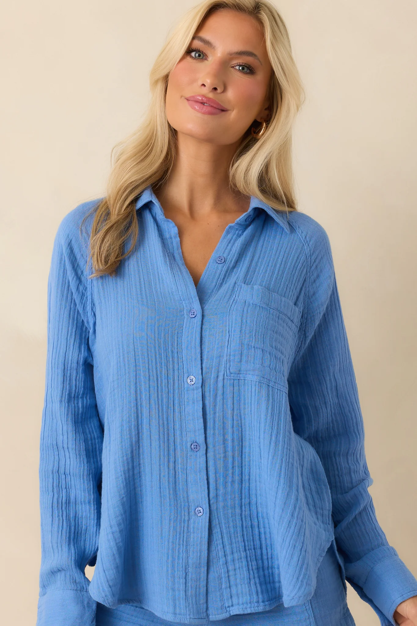 Z Supply Blue Cotton Perfect Airy Gauze Button Up Top