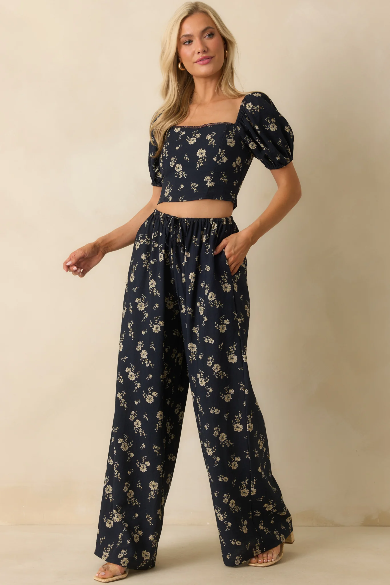 Already Have Plans Navy Floral Print Puff Sleeve Crop Top