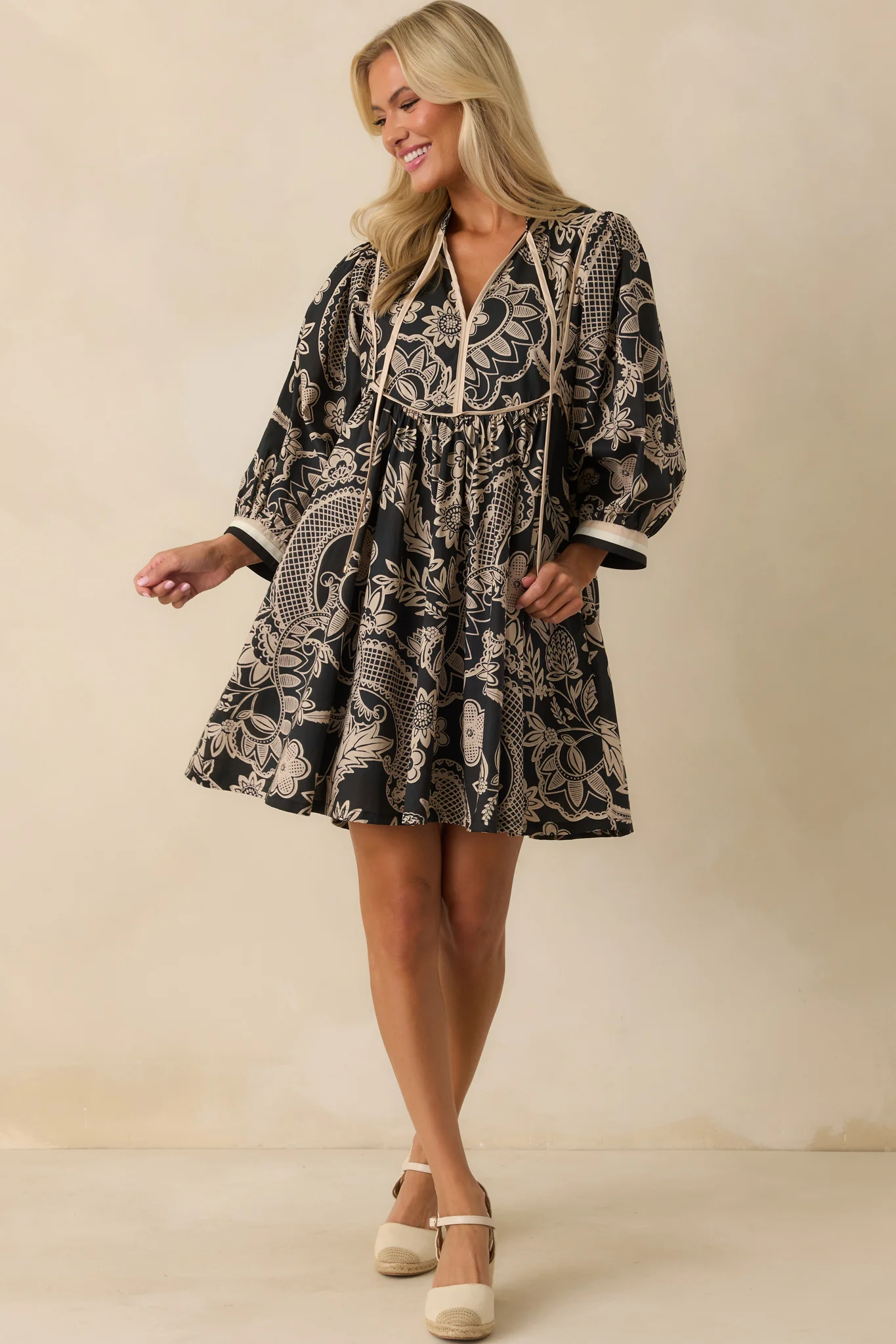 Crisp Morning Air Black Floral Cotton Quarter Sleeve Mini Dress